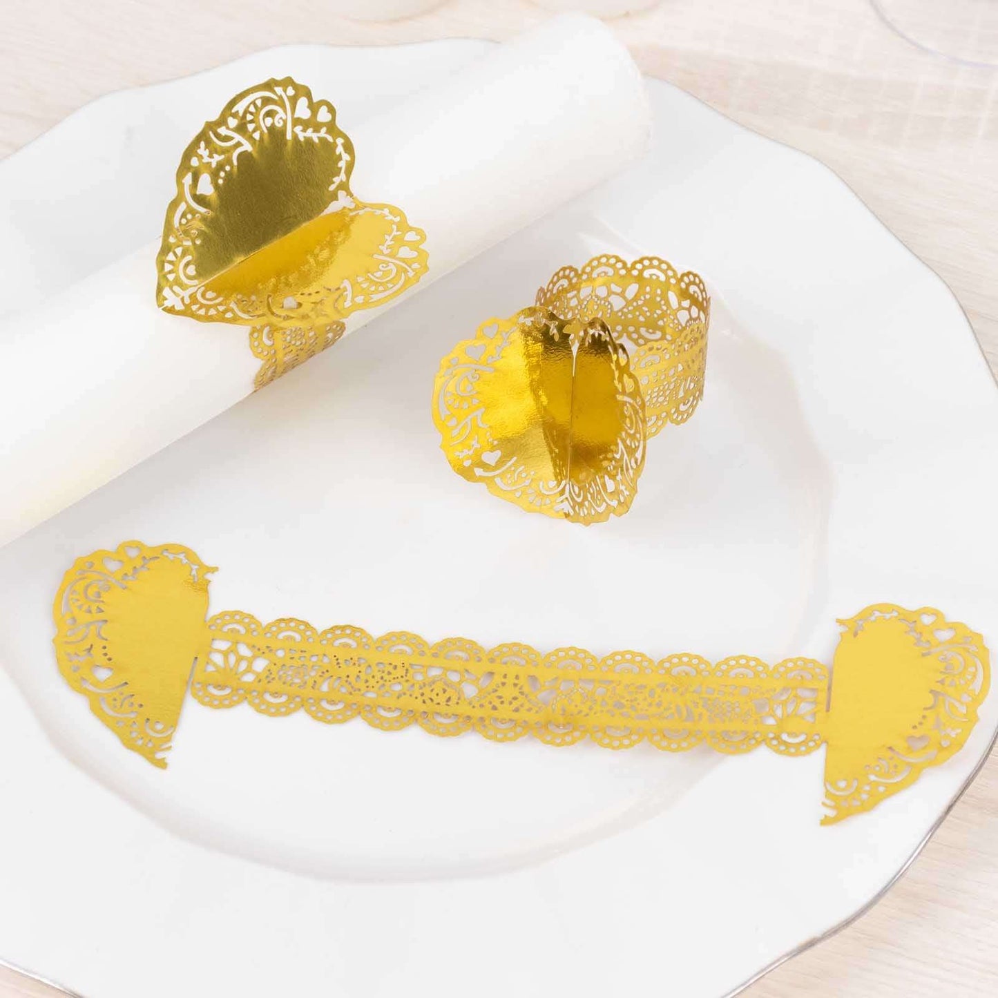 12 Pack Metallic Gold Foil Laser Cut Heart Paper Napkin Holders with Lace Pattern, Disposable Napkin Rings Bands