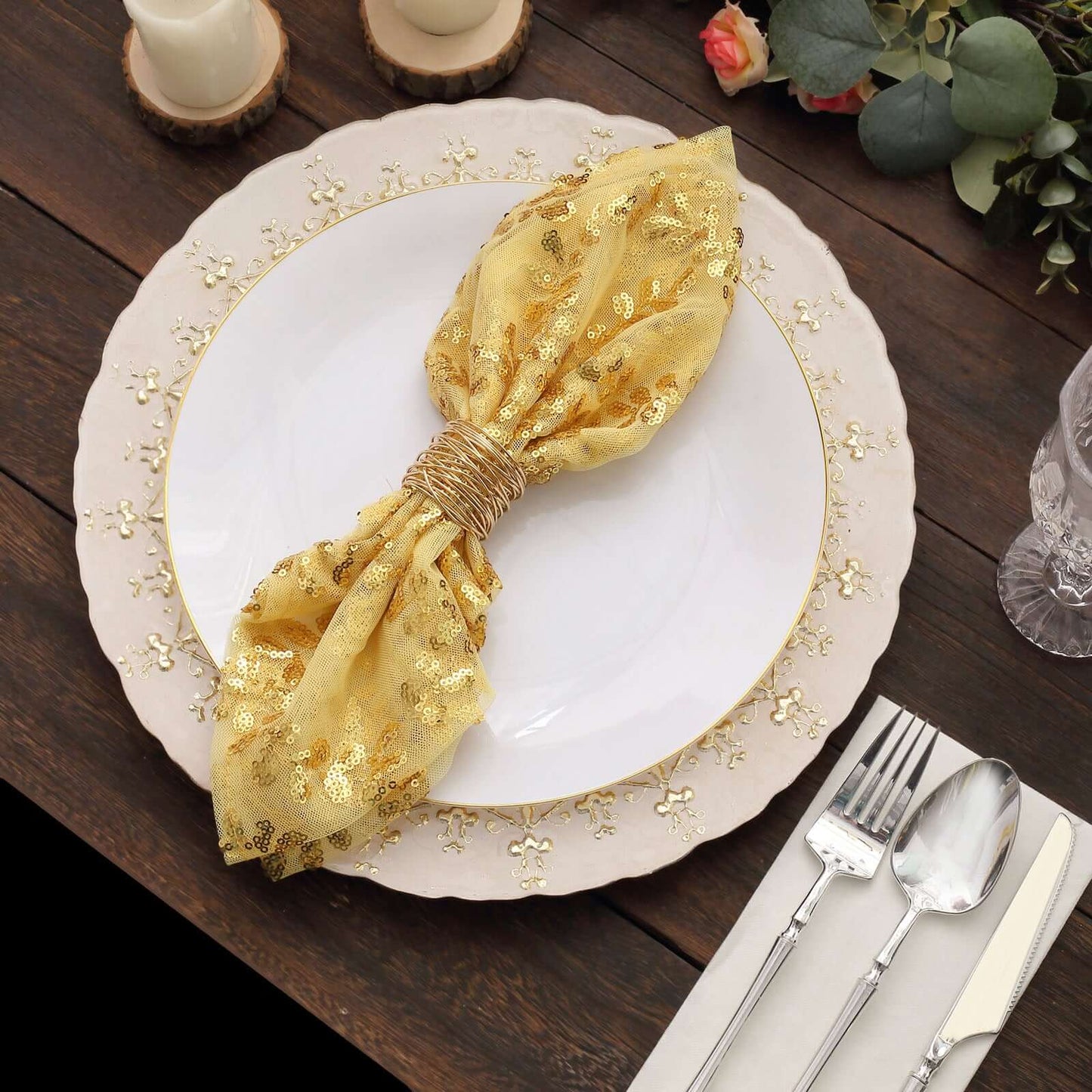 Sequin Tulle 20"x20" Napkin Gold Embroidered Leaf Vine Pattern - Shimmering Event Decor