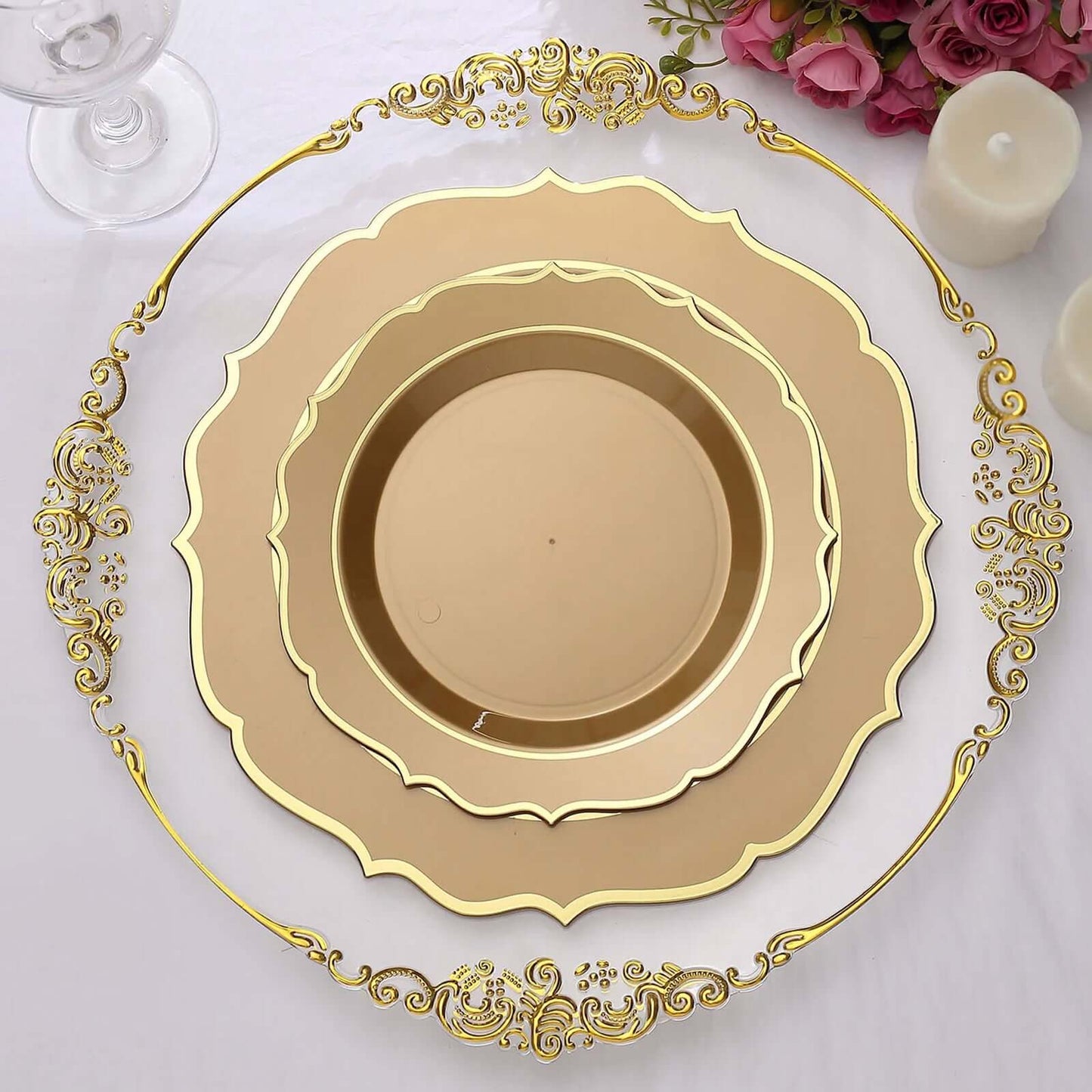 10-Pack Plastic 8" Round Dessert Plates in Gold with Gold Scalloped Rim - Disposable Appetizer/Salad Plates