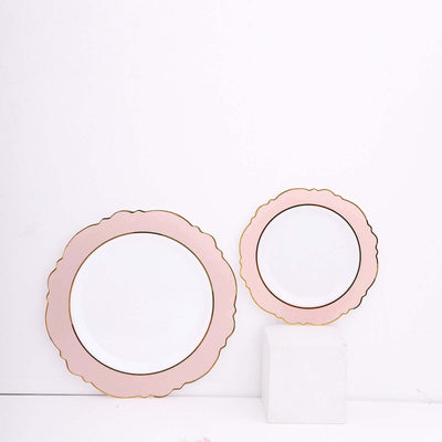 10-Pack Plastic 10" Round Dinner Plates in White with Blush Blossom Design & Gold Edging - Disposable Party Plates
