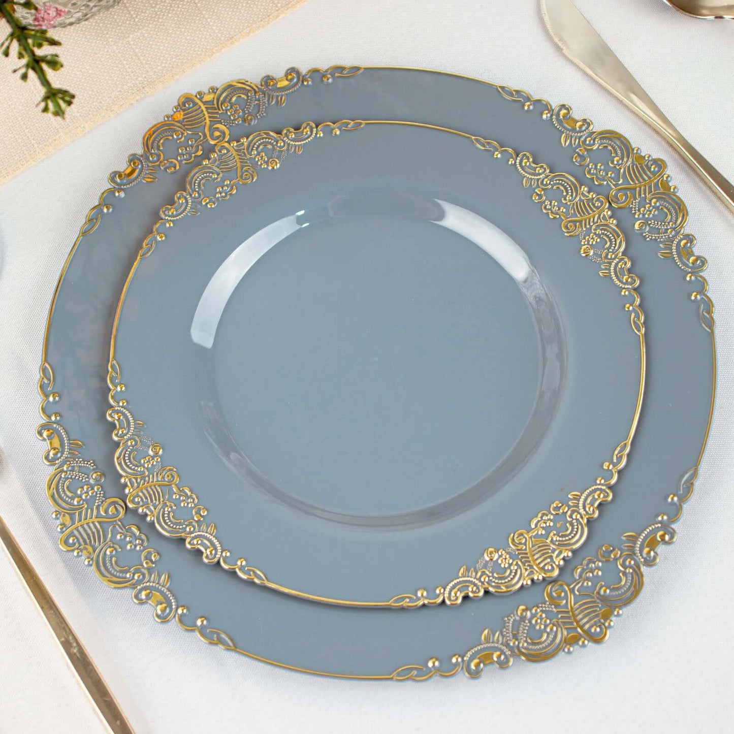 10-Pack Plastic 8" Round Dessert Plates in Dusty Blue with Gold Leaf Embossed Rim - Disposable Vintage Baroque Style Salad Plates