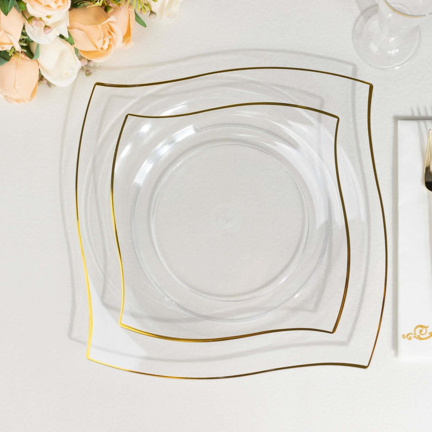 10-Pack Plastic 10" Square Dinner Plates in Clear with Gold Wavy Rim Modern - Disposable Party Plates