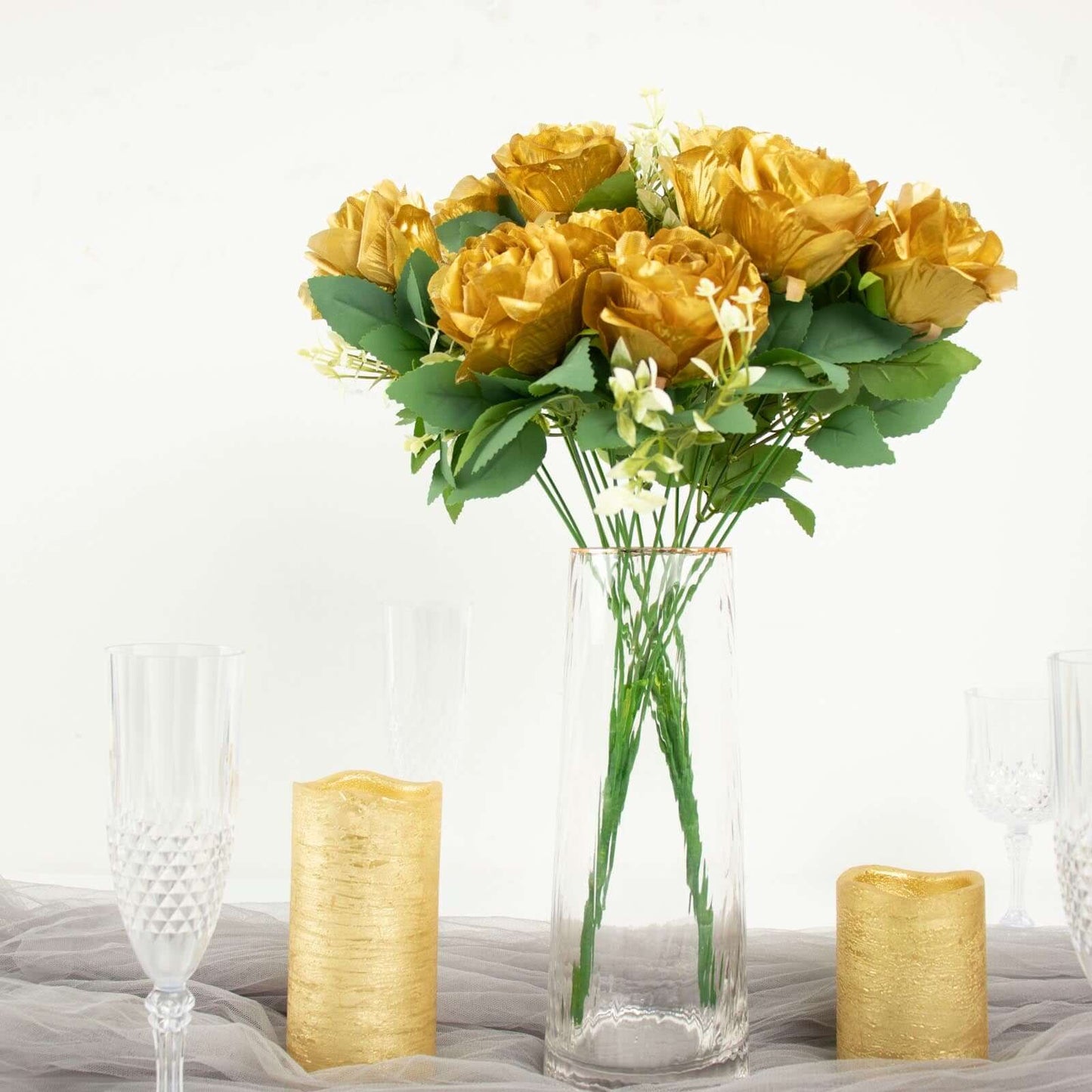 2 Bushes 18" Real Touch Gold Artificial Rose Flower Bouquet, Silk Long Stem Flower Arrangements