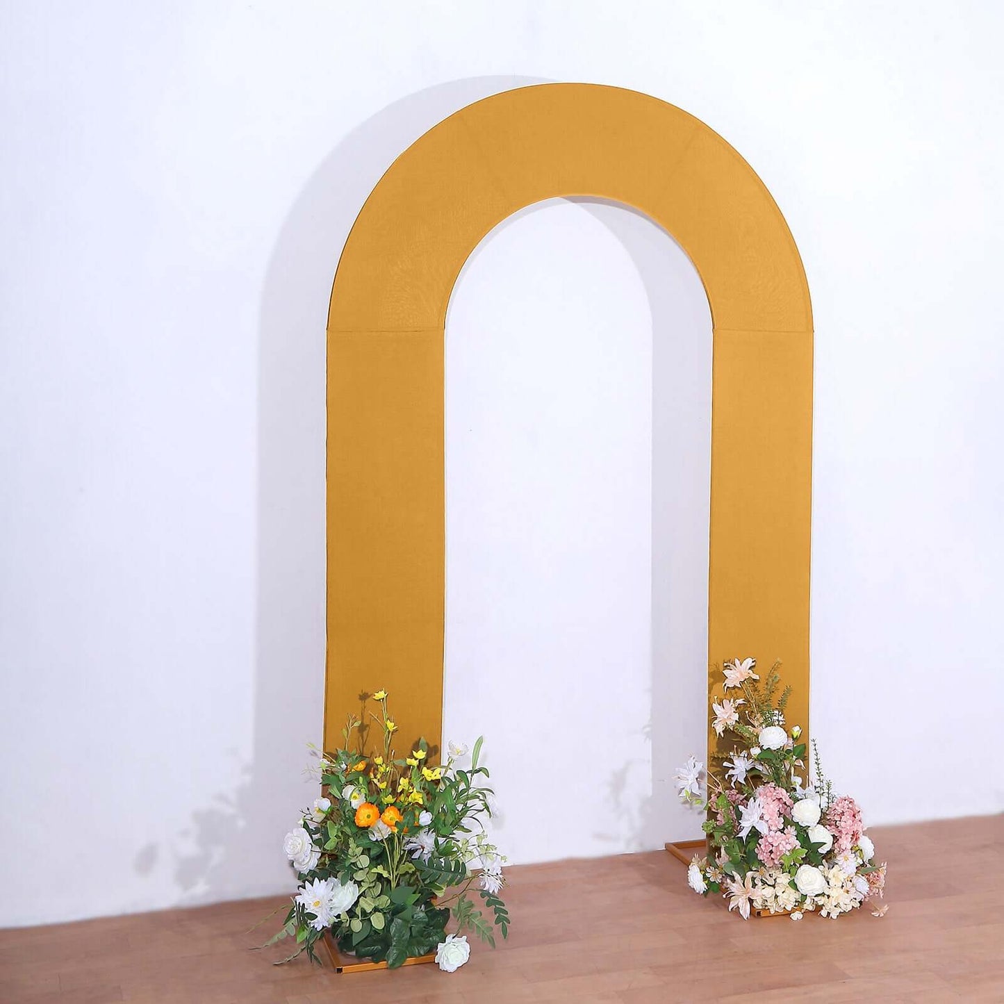 8ft Gold Spandex Fitted Open Arch Wedding Arch Cover, Double-Sided U-Shaped Backdrop Slipcover