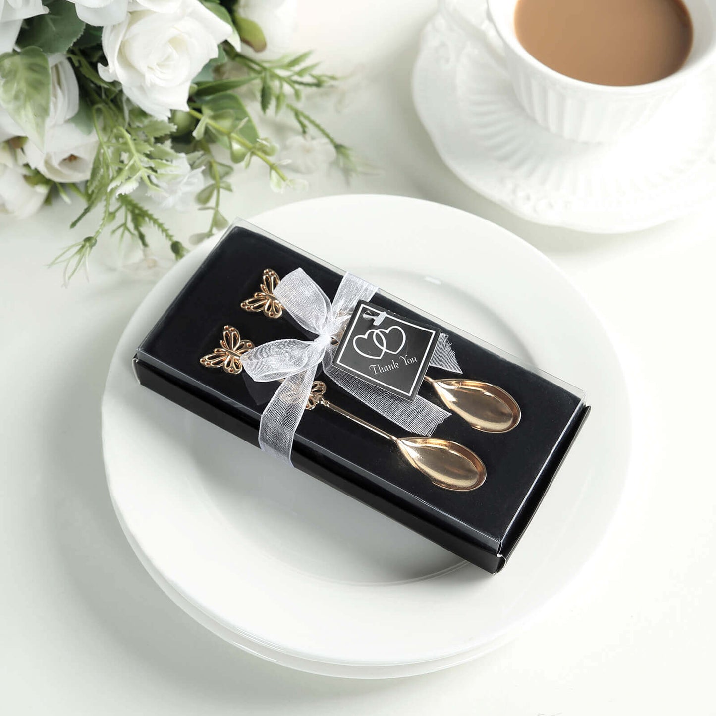5 Pack Gold Metal Butterfly Handle Dessert Spoons in Clear Top Black Gift Box, Pre-Packed Mini Espresso Coffee Spoons Wedding Souvenir Gift with Thank You Tag and Ribbon - 4"