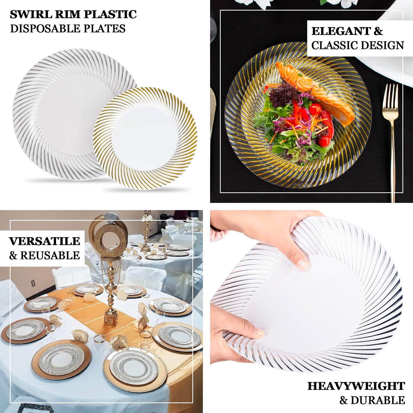 10-Pack Plastic 7" Round Dessert Plates in Clear with Gold Swirl Rim