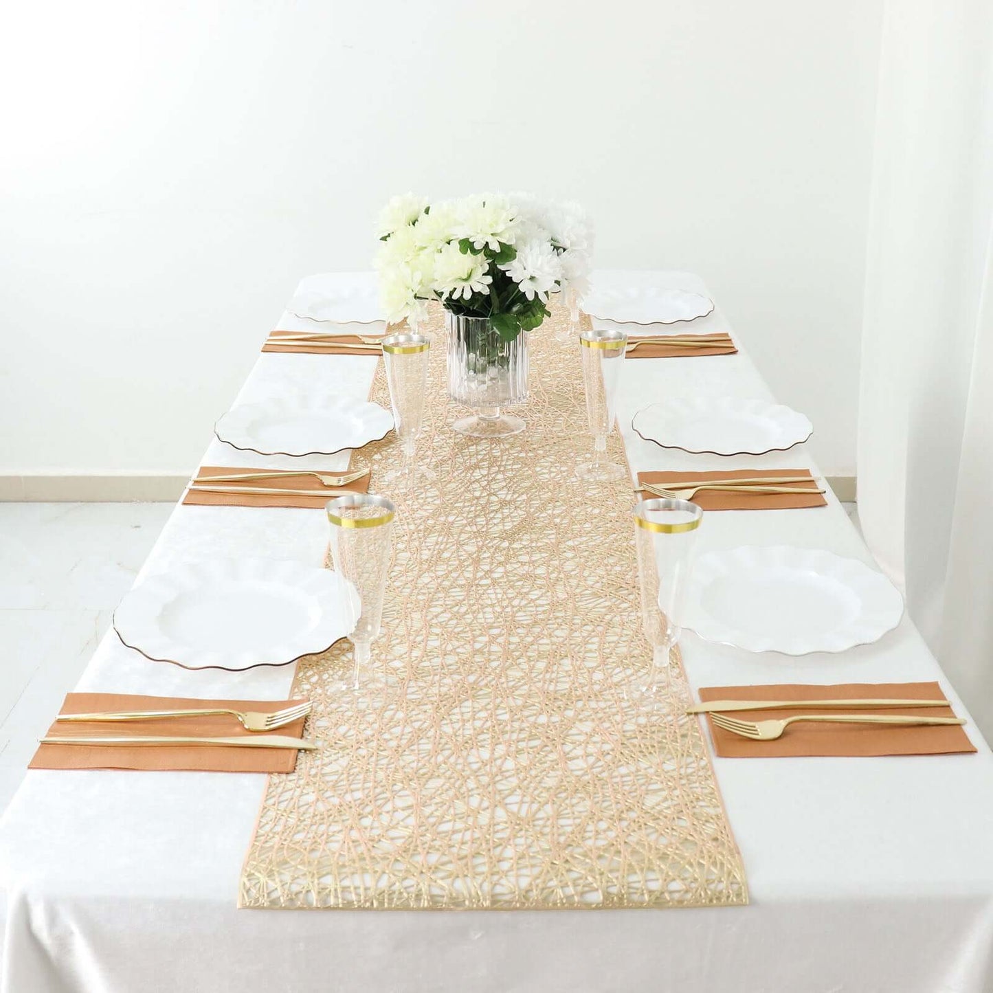 Plastic Woven Vinyl 13"x6ft Table Runner Metallic Gold - Non-Slip & Reversible Tabletop Decor