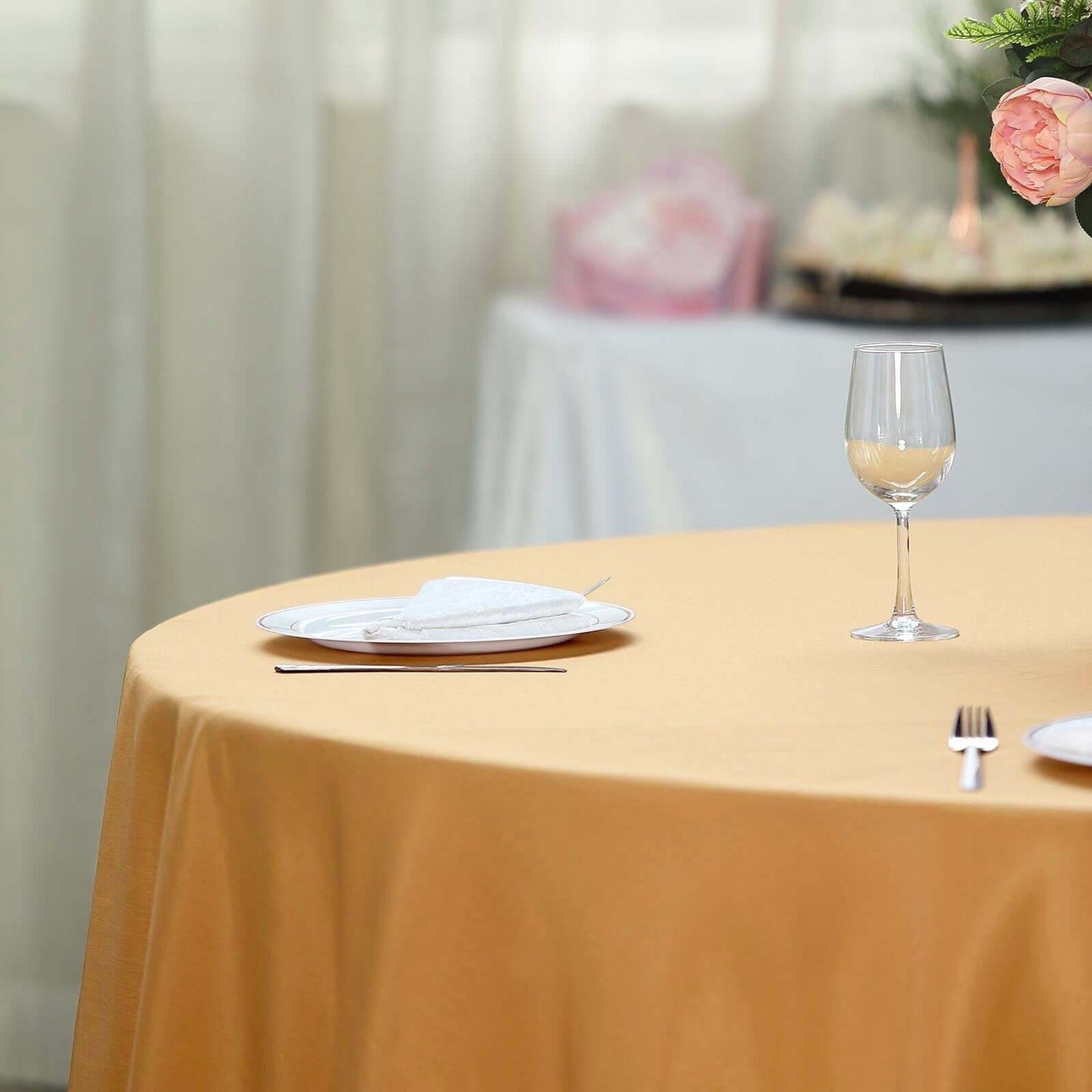 Polyester 132" Round Tablecloth Gold - Seamless Chic Design for Grand Celebrations