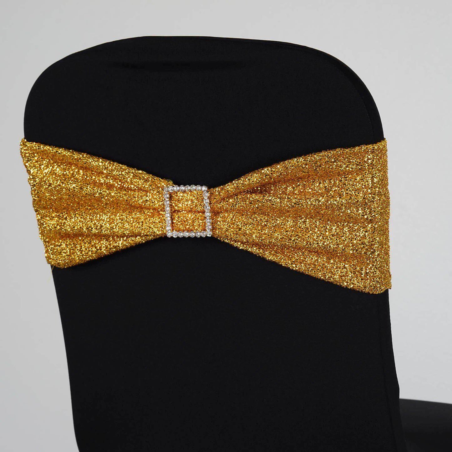 5 Pack Metallic Shimmer Tinsel Spandex Chair Sashes Gold - Durable and Reusable Stretch Chair Bands for Dazzling Event & Party Decor
