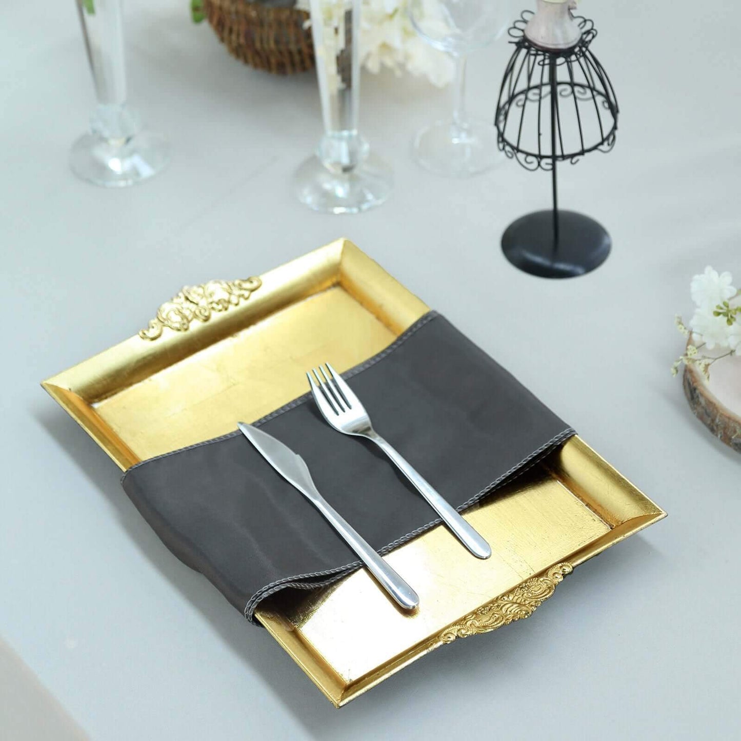 2-Pack Acrylic Rectangle Serving Trays 14"x10" in Gold with Embossed Handles, Sleek Decorative Dinner Party Food Platters