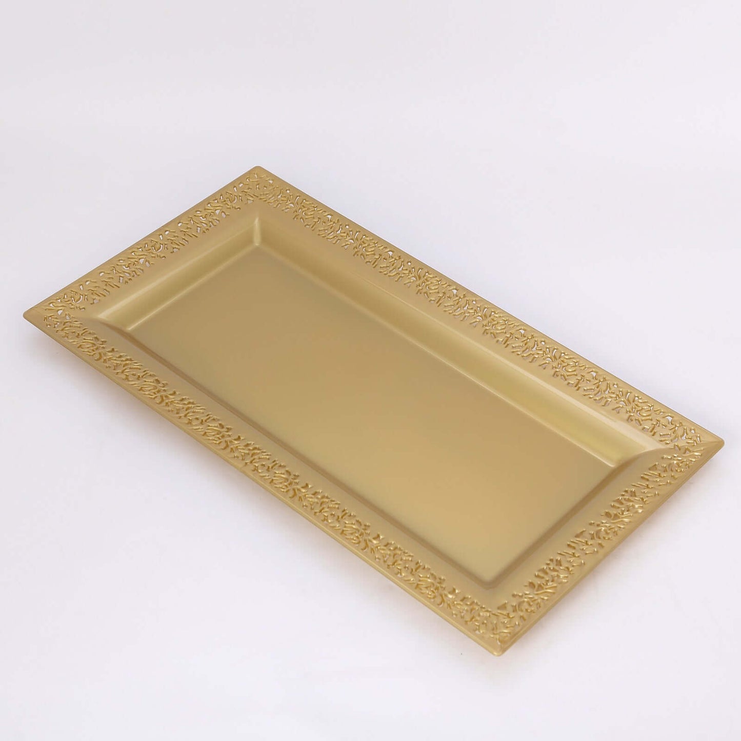 4-Pack Plastic 14" Rectangle Serving Trays Gold with Lace Rim - Chic Decorative Table Tray Platters for Buffets Banquets Dinner Parties
