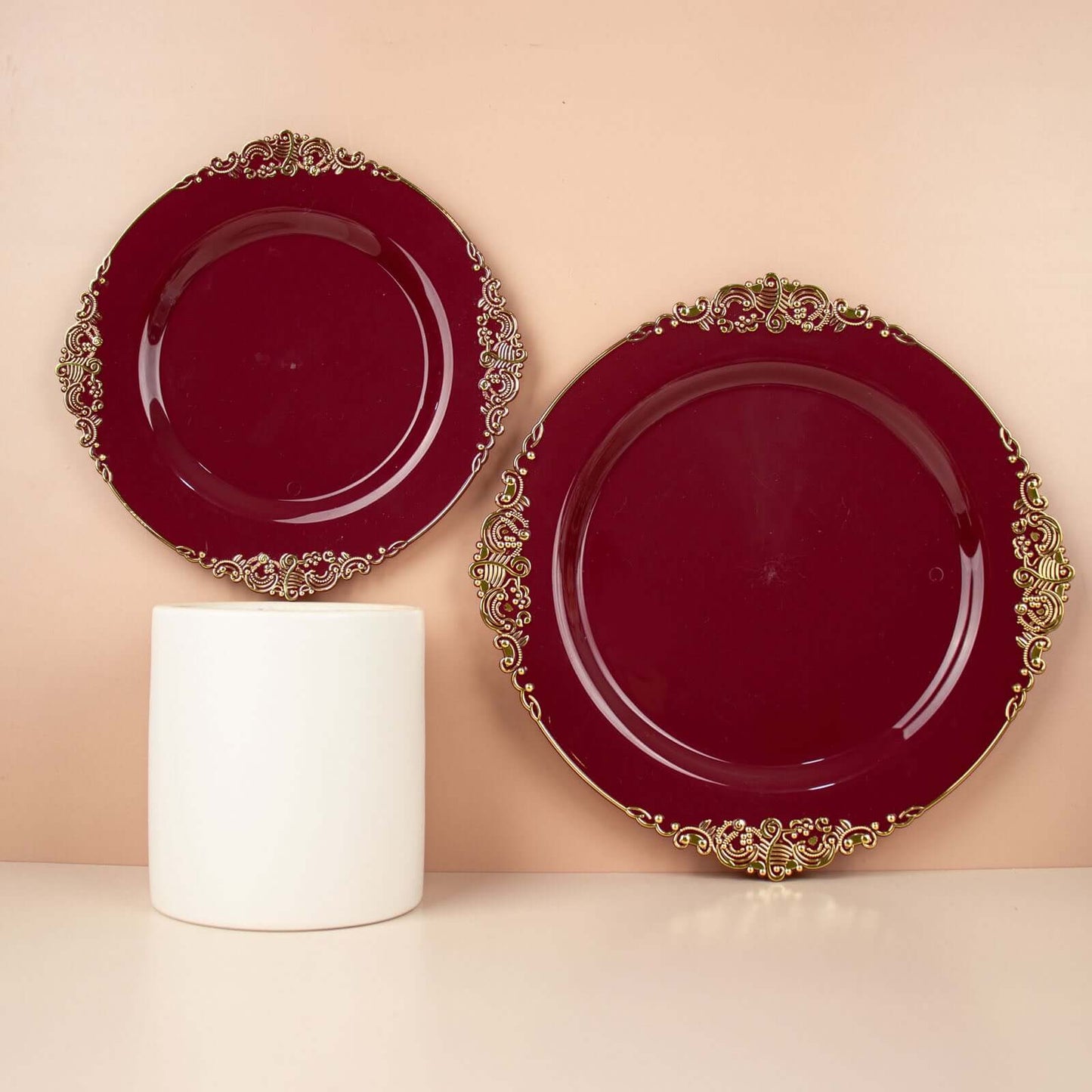 10-Pack Plastic 10" Round Dinner Plates in Burgundy with Gold Leaf Embossed Rim - Disposable Vintage Baroque Style Plates