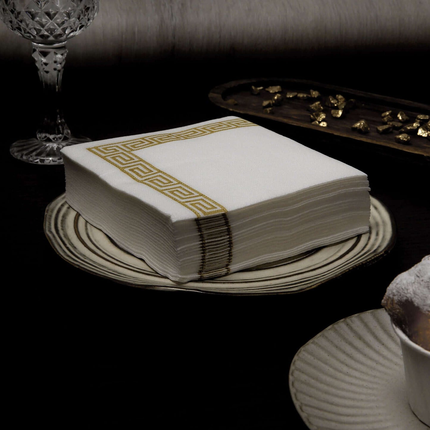 25 Pack Linen-Like Paper 5"x5" Napkins White with Gold Greek Key Design - Hygienic Disposable Airlaid Party Napkins