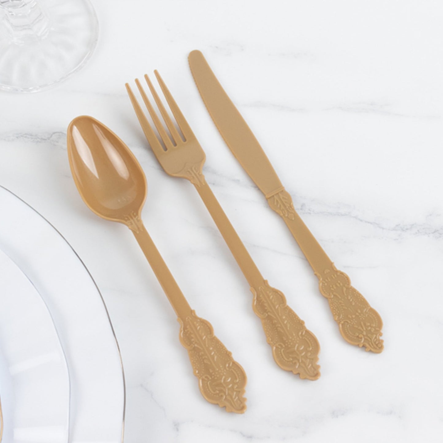 72 Pcs Plastic Silverware Set in Baroque Style Matte Gold - Heavy Duty Disposable Knife, Fork, and Spoon Set