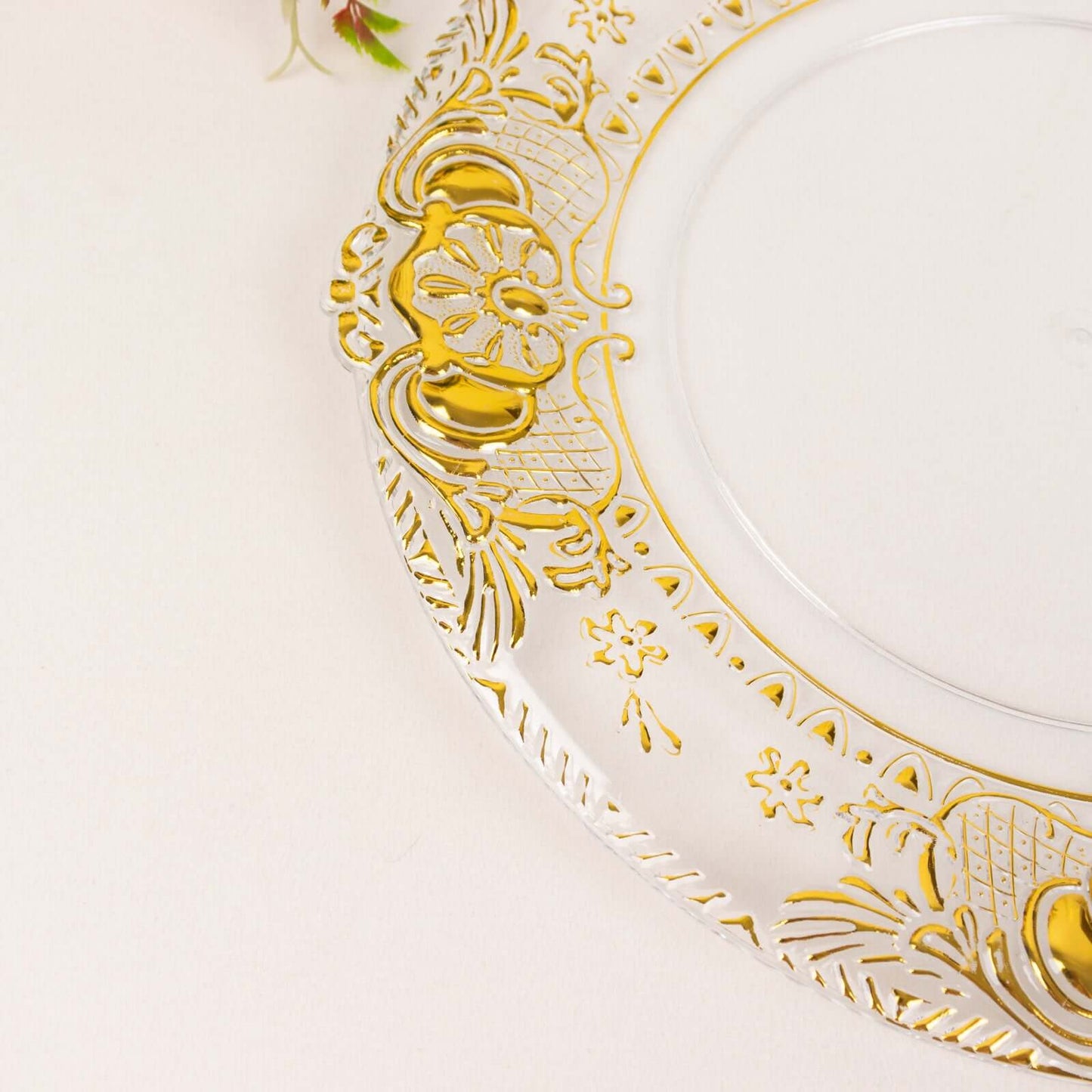 6-Pack Plastic Round Charger Plates 13" in Clear with Gold Florentine Embossed Rim, Exquisite Dinner Serving Plates