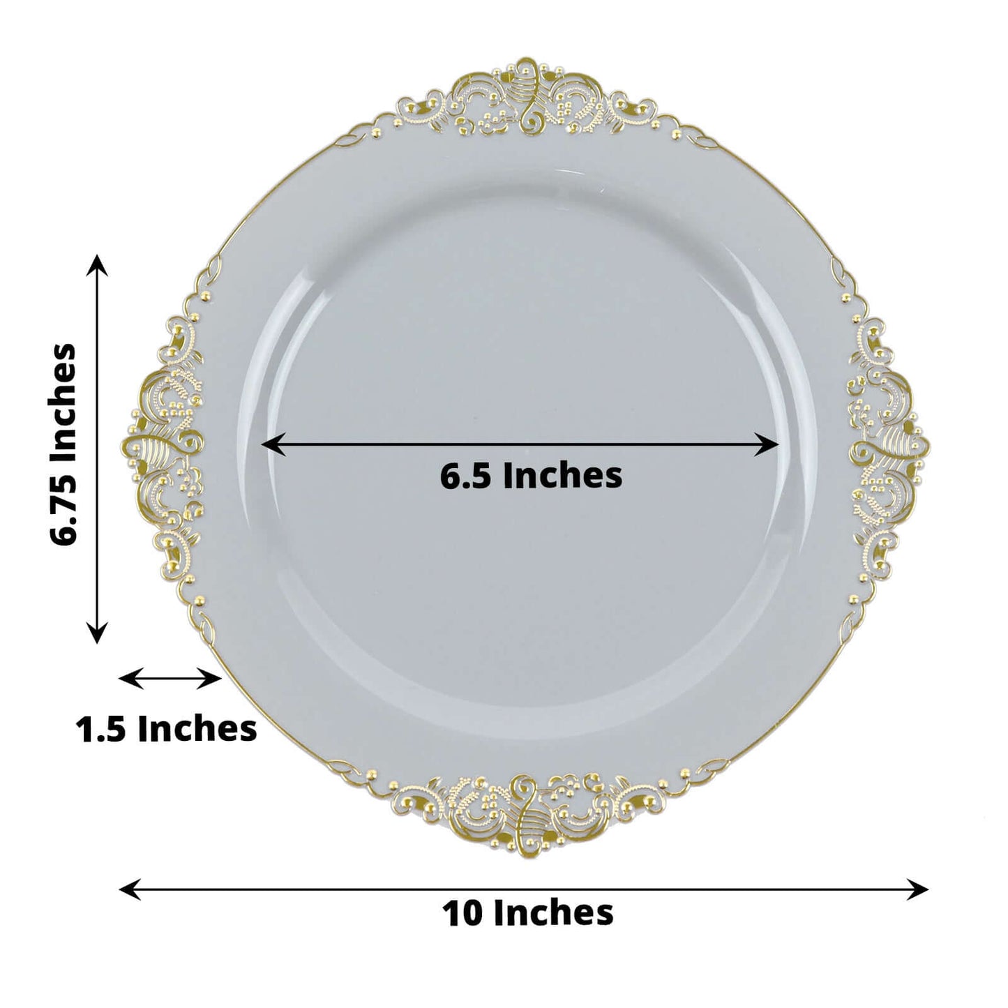 10-Pack Plastic 10" Round Dinner Plates in Gray with Gold Leaf Embossed Rim - Disposable Vintage Baroque Style Plates