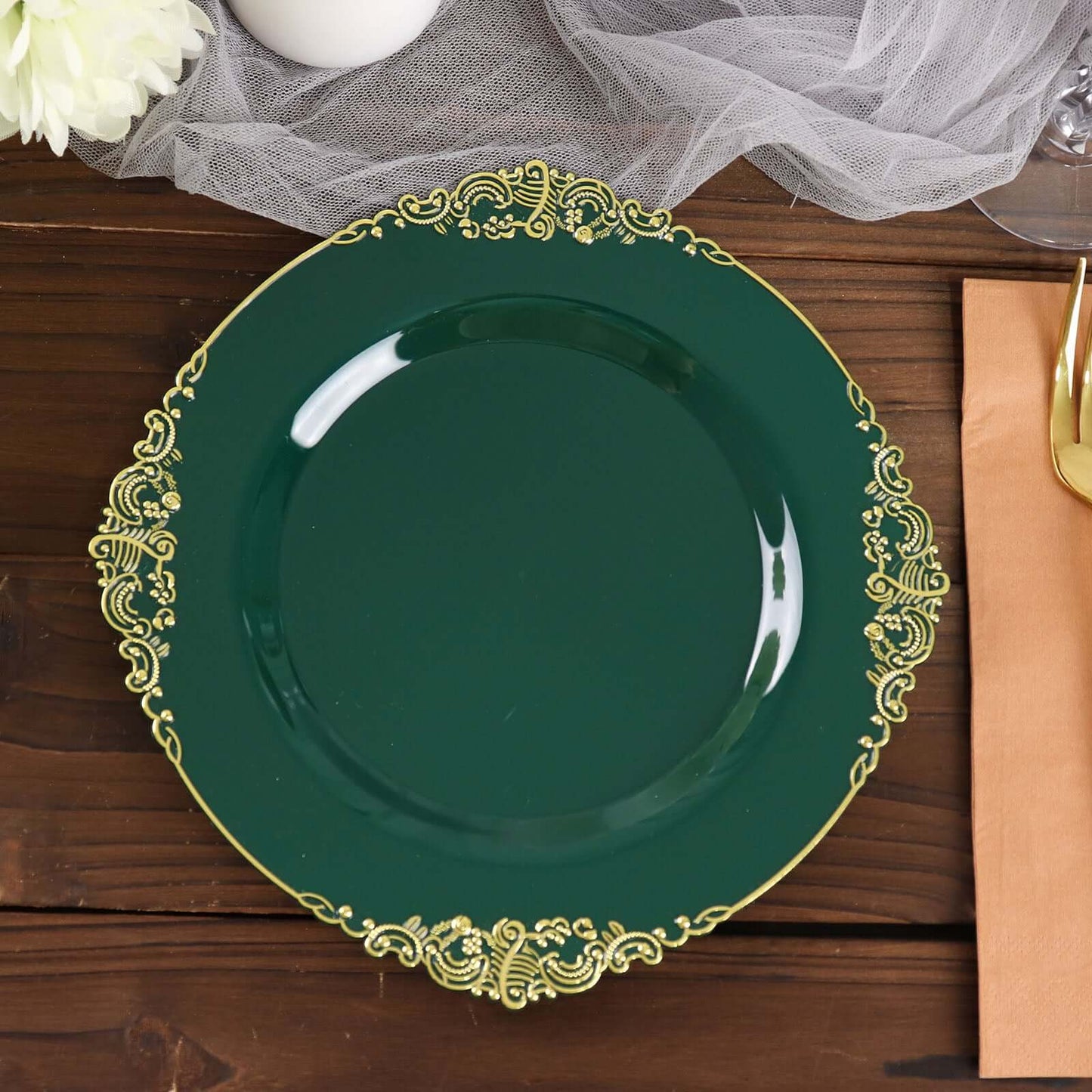10-Pack Plastic 8" Round Dessert Plates in Hunter Emerald Green with Gold Leaf Embossed Rim - Disposable Vintage Baroque Style Salad Plates