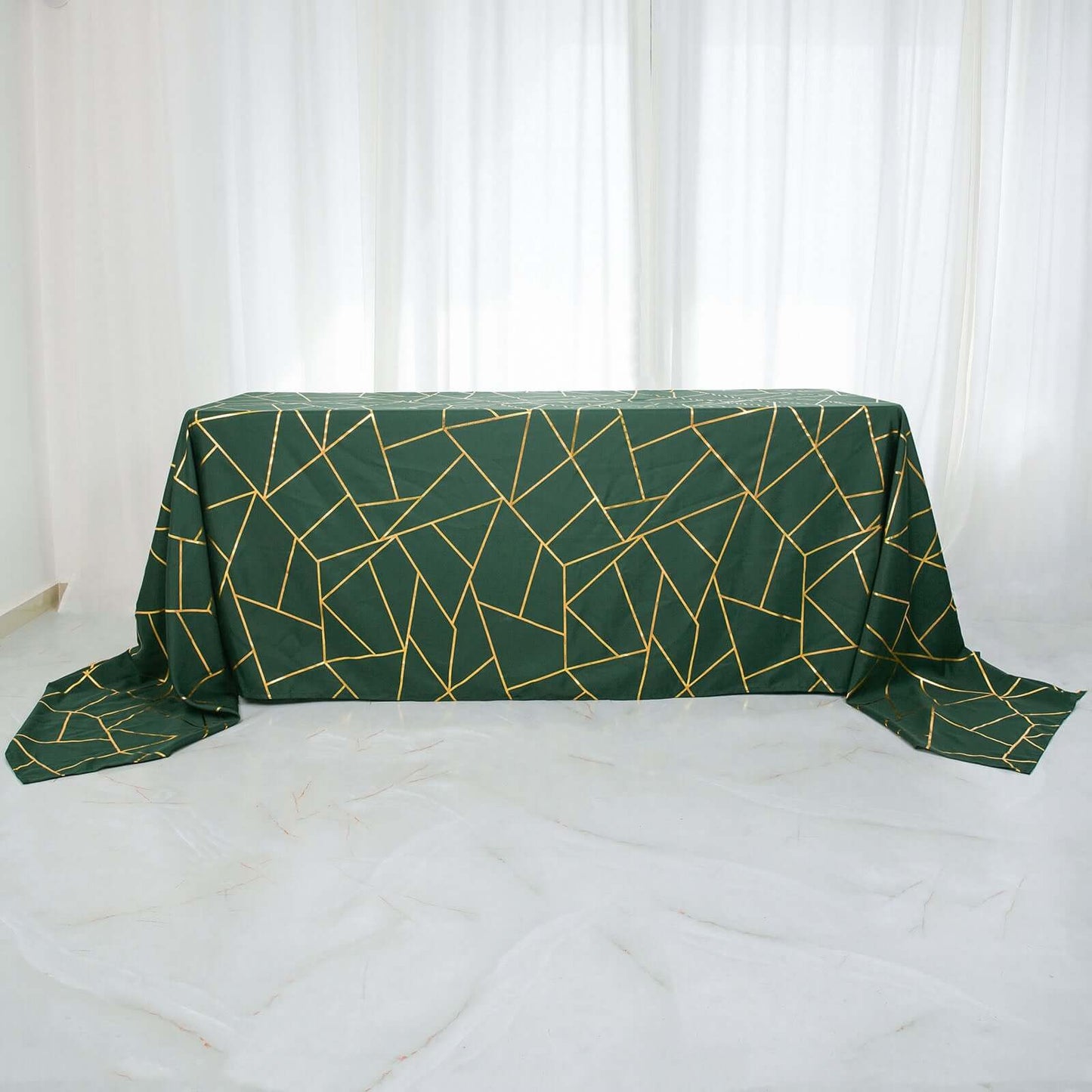 Polyester 90"x156" Rectangle Tablecloth Hunter Emerald Green Seamless with Gold Foil Geometric Pattern - Wrinkle-Resistant Seamless Table Cover for Sophisticated Events