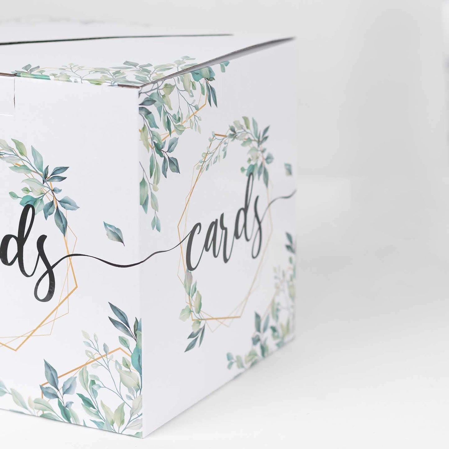 Greenery Theme Wedding Reception Gift Card Box with Geometric Gold Foil Print, Collapsible Money Card Box - 8"x8"