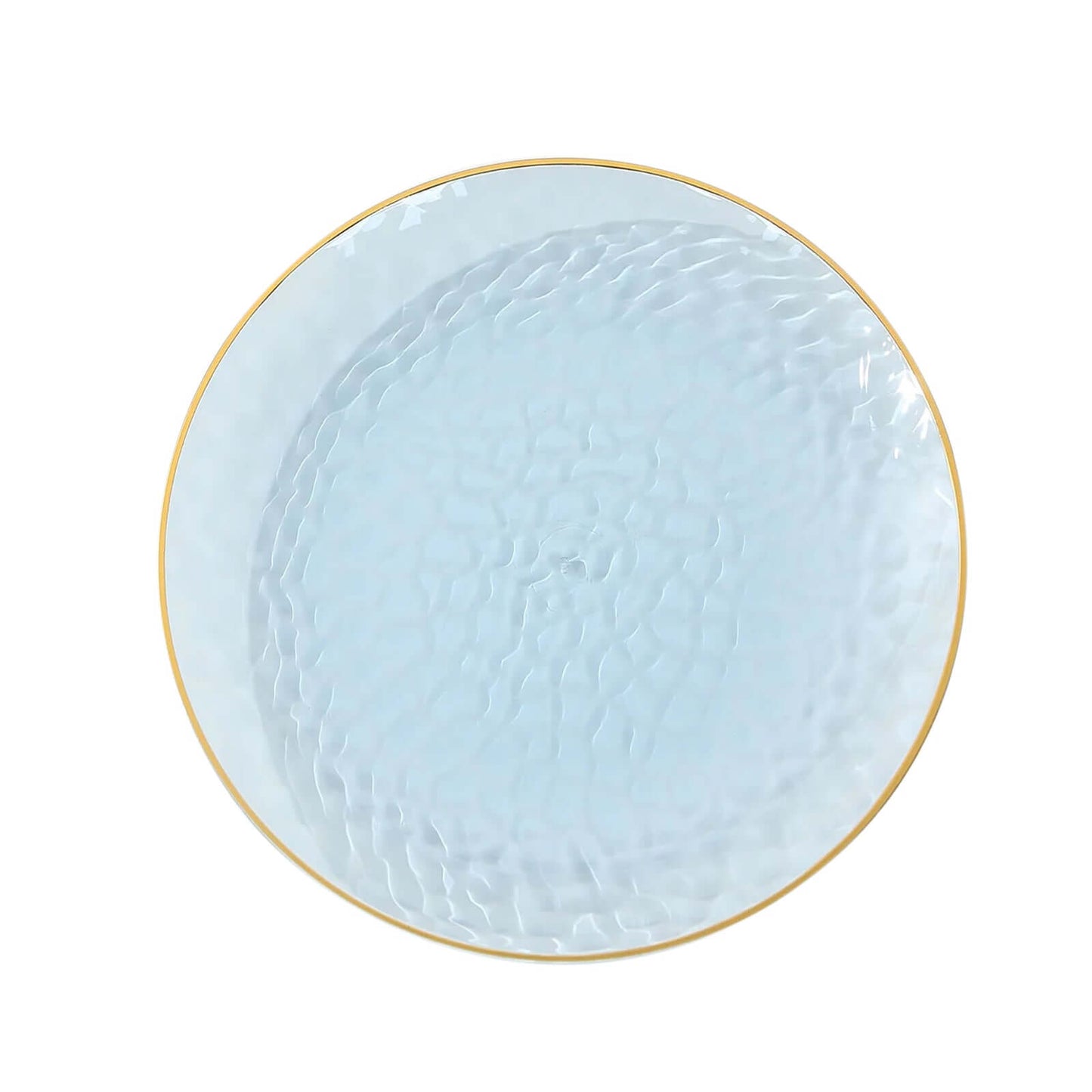 10-Pack Plastic 9" Round Dinner Plates in Transparent Dusty Blue Hammered Design with Gold Rim - Modern Disposable Party Plates