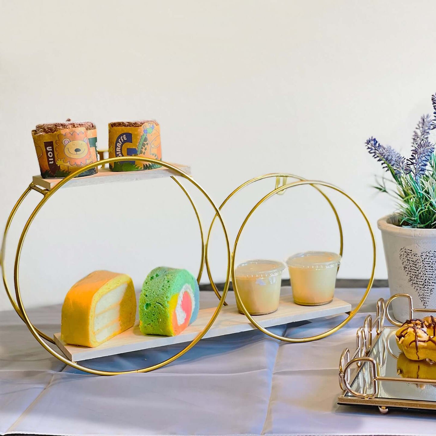 10"x18" 2-Tier Round Floating Shelf, Dessert Display Stand, Hanging Wall Shelf Gold With Double Hoop Design