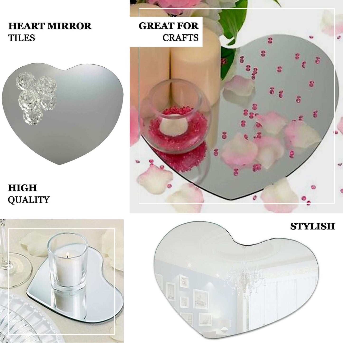 6-Pack Hanging Wall Decor Heart Glass Mirror Table Centerpiece - Reflective Decorative Display 10"