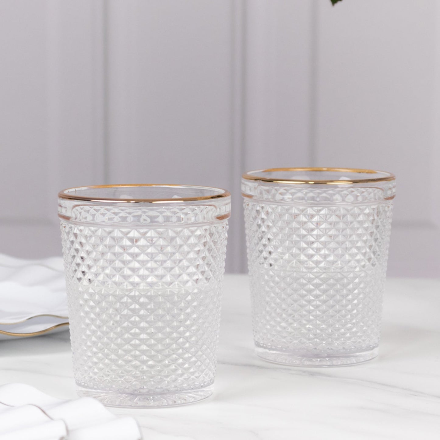 6-Pack Tumbler Glasses Clear Hobnail Design with Gold Rim - Embossed Diamond Pattern Glassware for Drinks & Parties 11oz 4"