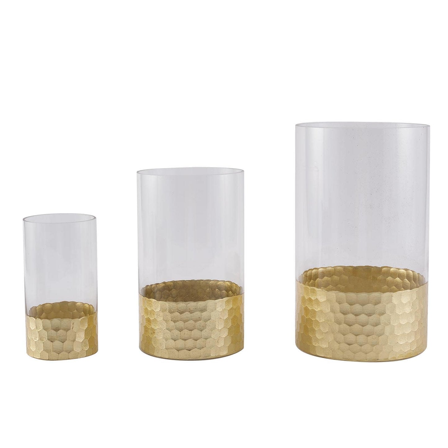 Set of 3 Glass Cylinder Vases Honeycomb Design Clear with Gold Base - Decorative Candle Holder Centerpieces 6", 8", 10"