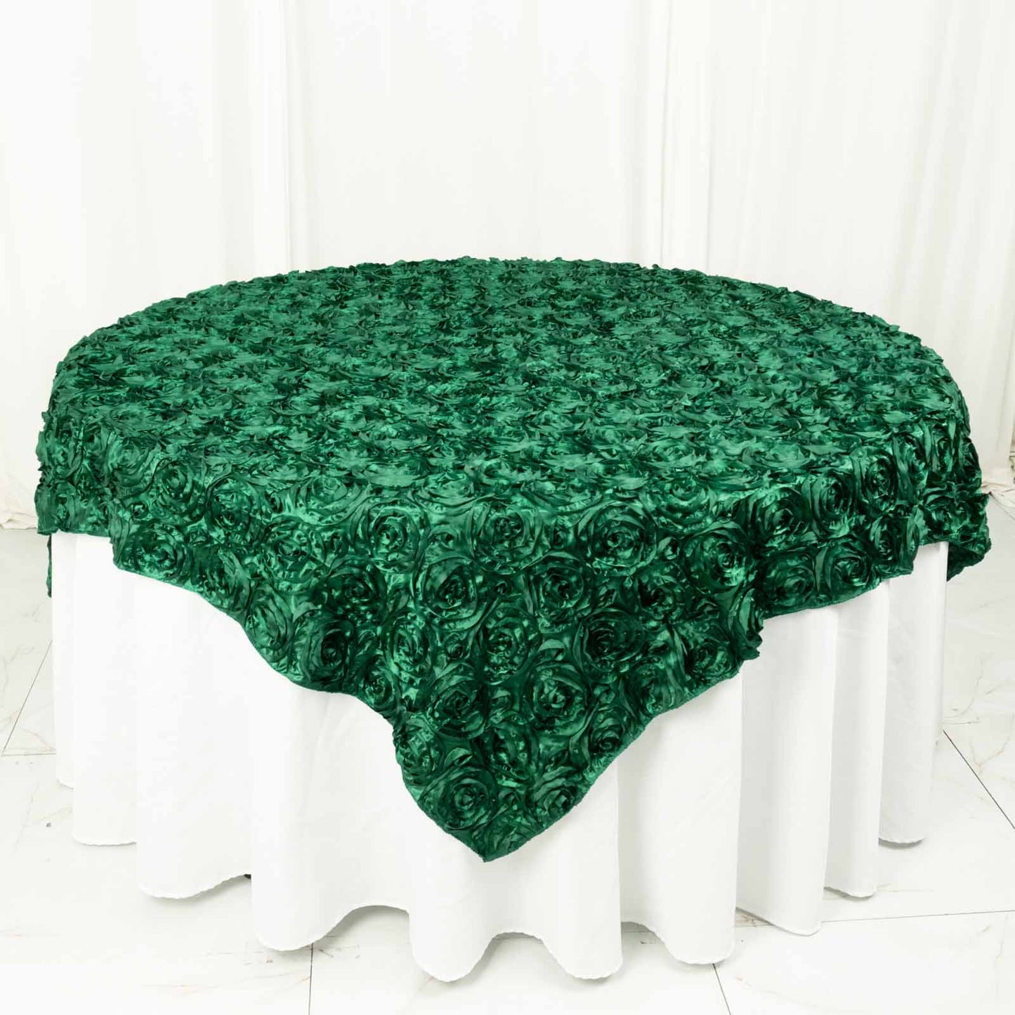 Satin 72"x72" Table Overlay Square Tablecloth Hunter Emerald Green - 3D Rosette Table Cover