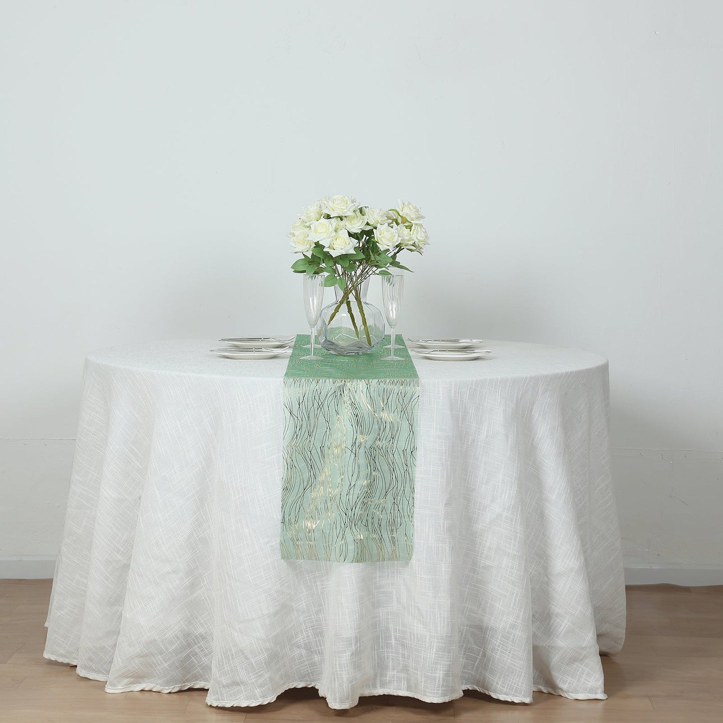 5 Pack Organza 12"x108" Table Runners Hunter Emerald Green - Gold Wave Design