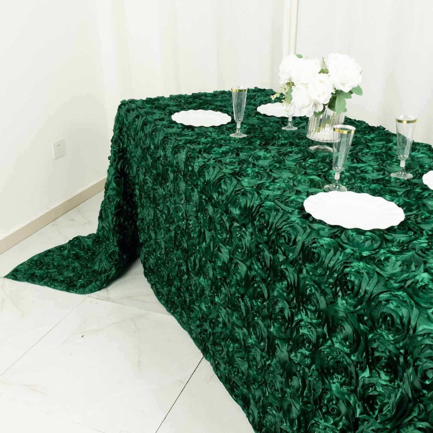 Satin 90"x132" Rectangle Tablecloth Hunter Emerald Green - Grandiose 3D Rosette Seamless Table Cover