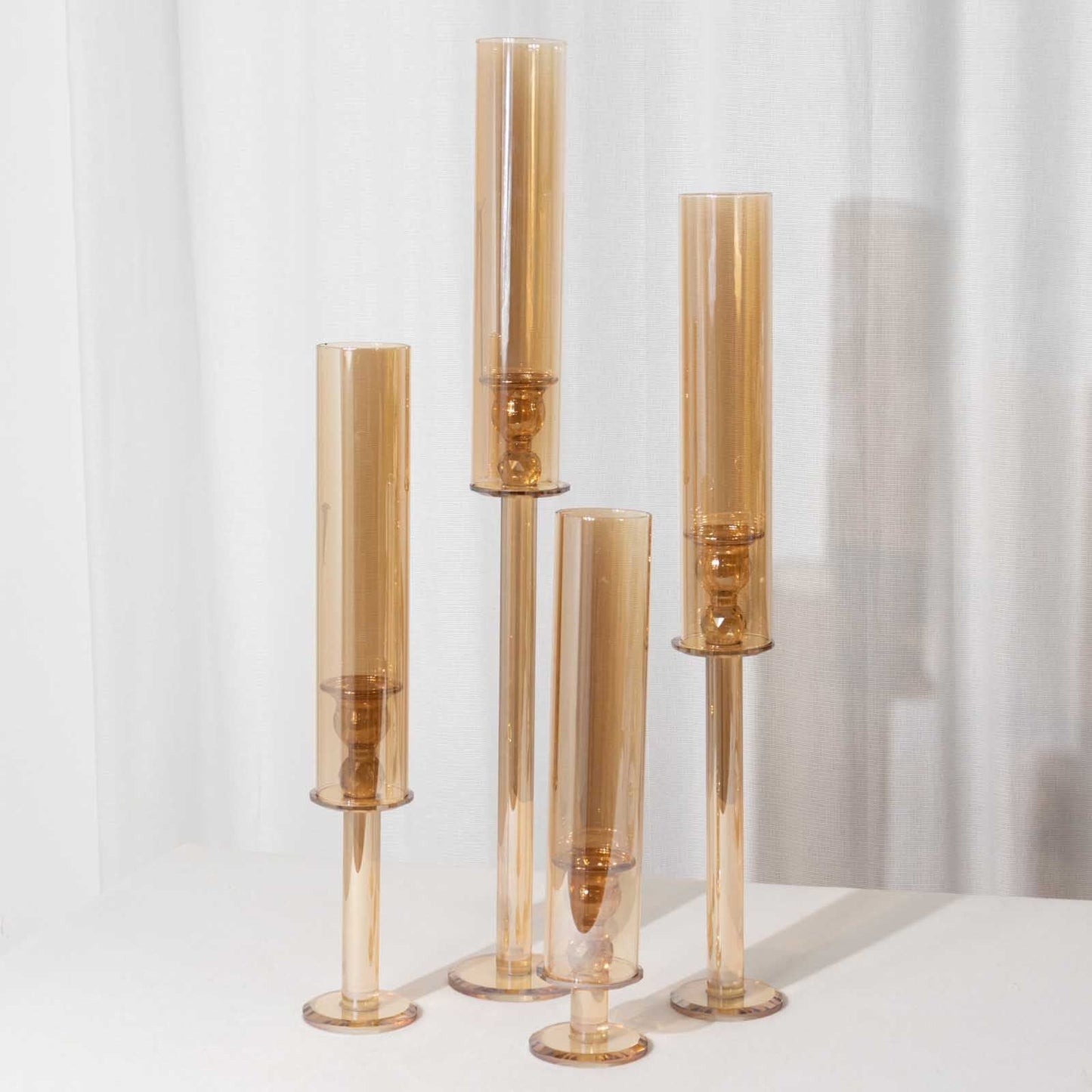 Set of 4 Crystal Glass Hurricane Taper Candle Holders, Decorative Tall Candle Stands Amber Gold Cylinder Chimney Tubes 14", 18", 22", 26"