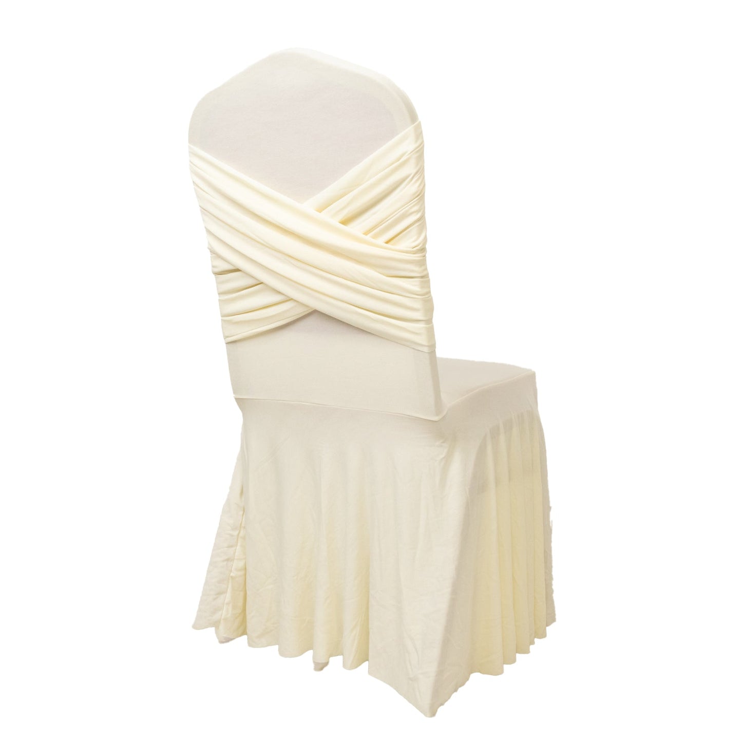 Ivory Spandex Banquet Chair Cover with Ruffle Skirt & Cross Back Sash â€“ Stretch Slipcover for Events