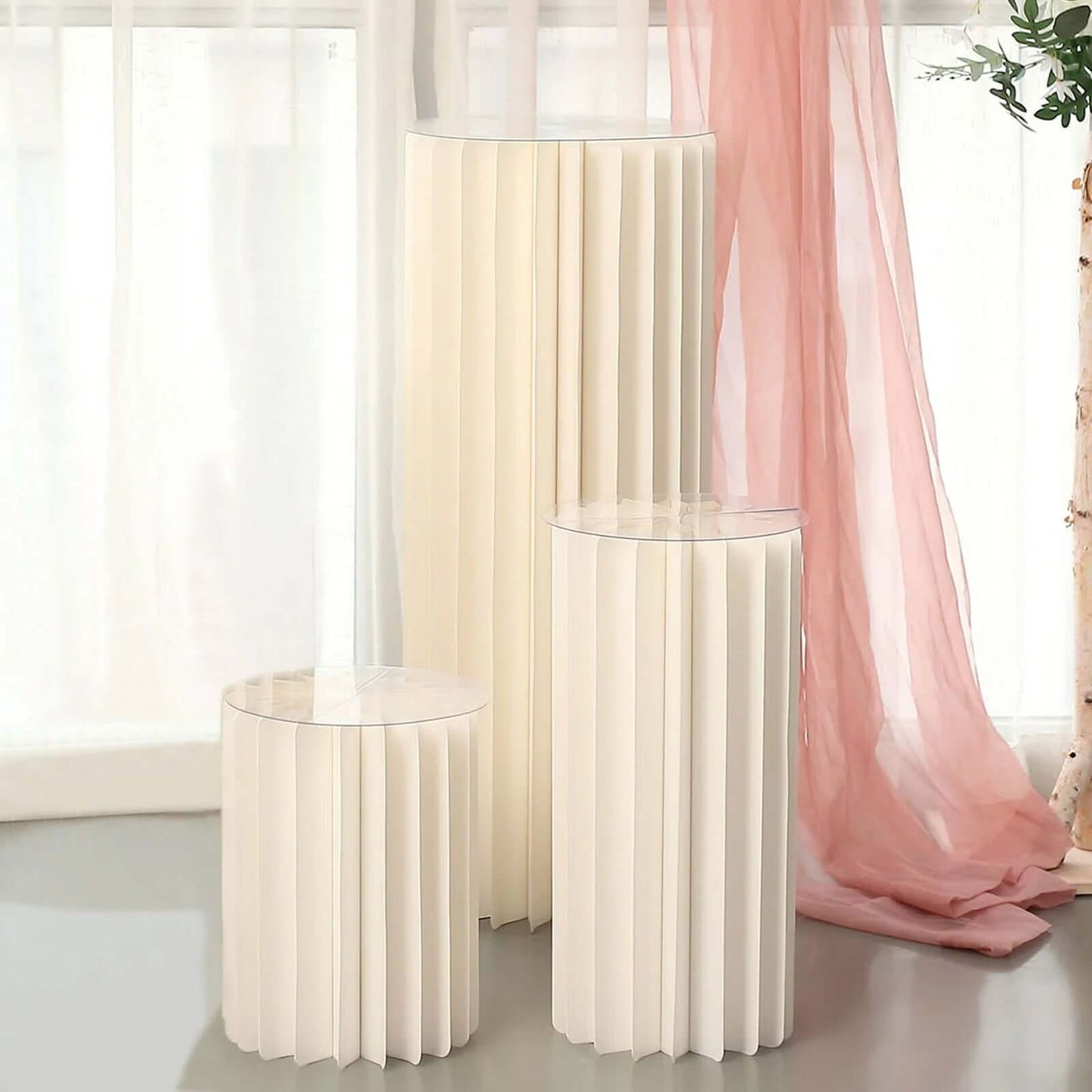 24" Ivory Cylinder Display Column Stand, Pillar Pedestal Stand With Top Plate