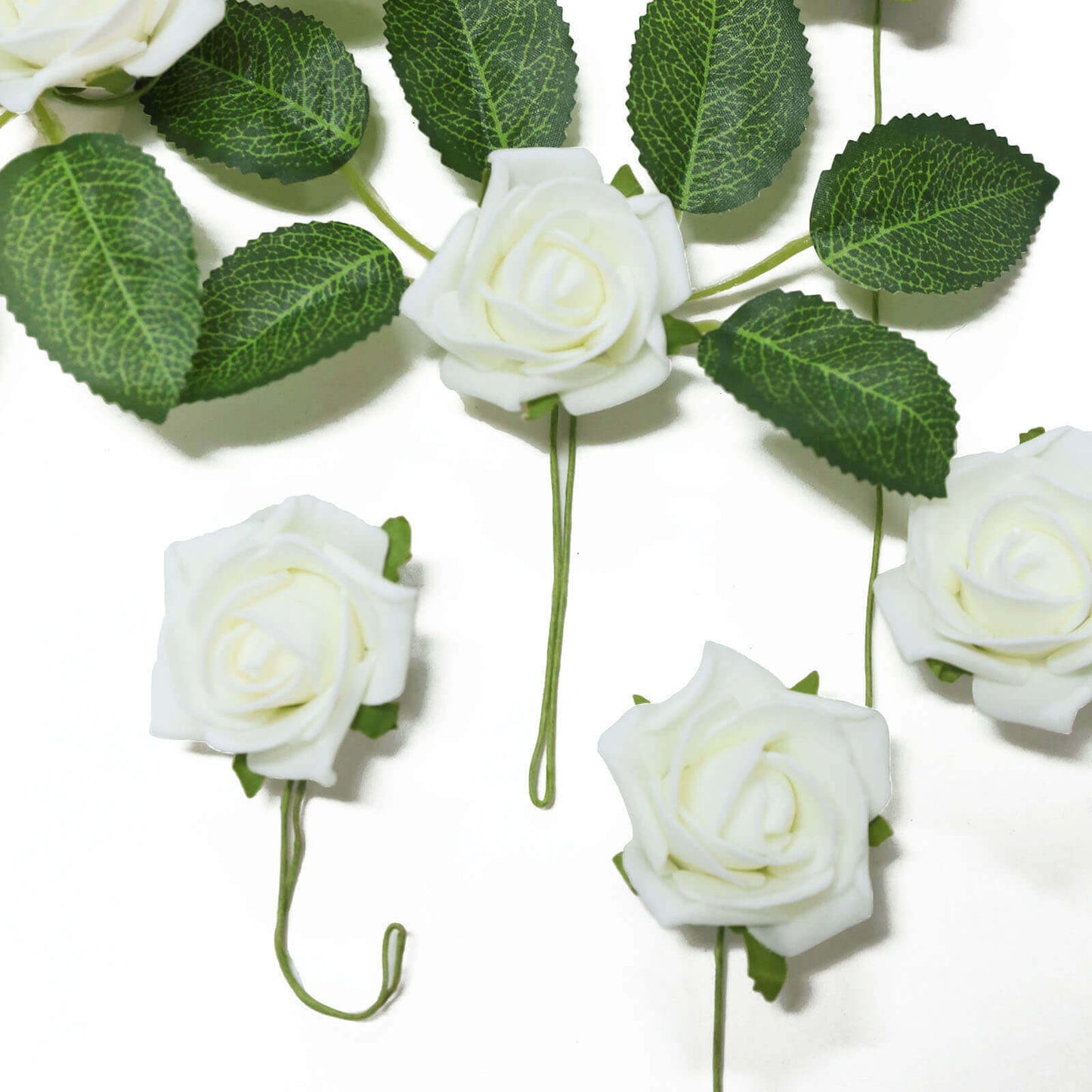 24 Roses 2" Ivory Artificial Foam Flowers With Stem Wire and Leaves