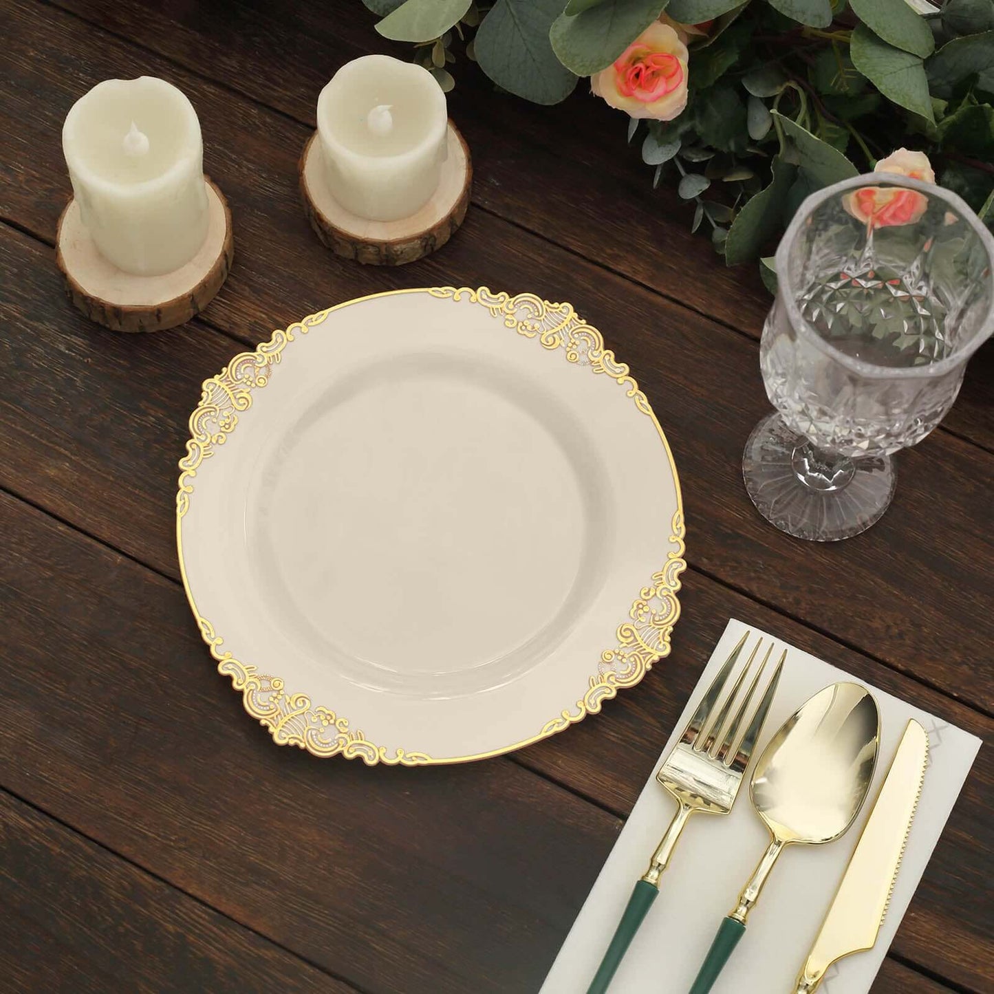 10-Pack Plastic 8" Round Dessert Plates in Ivory with Gold Leaf Embossed Rim - Disposable Vintage Baroque Style Salad Plates