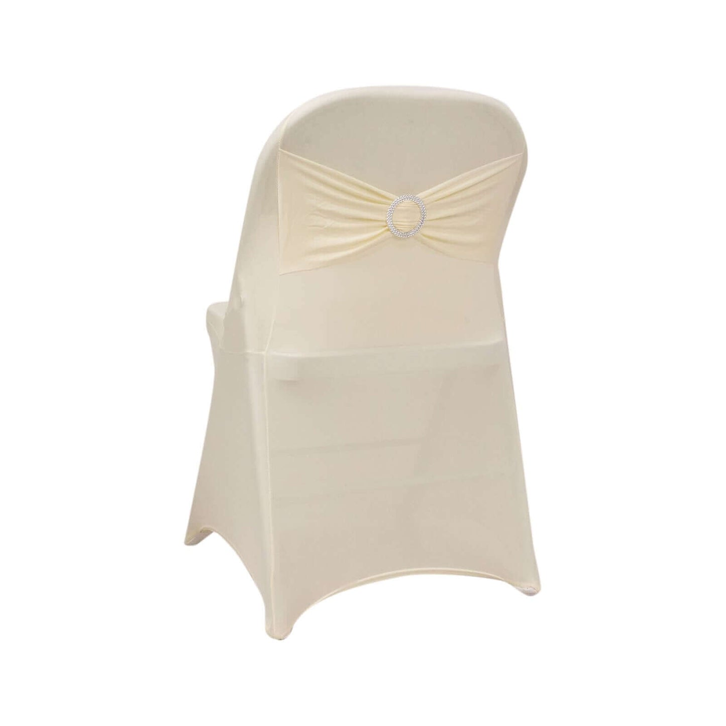 Stretch Spandex Chair Cover Ivory for Folding Chairs - Secure Fit Slipcover with Silver Rhinestone Buckled Sash Band