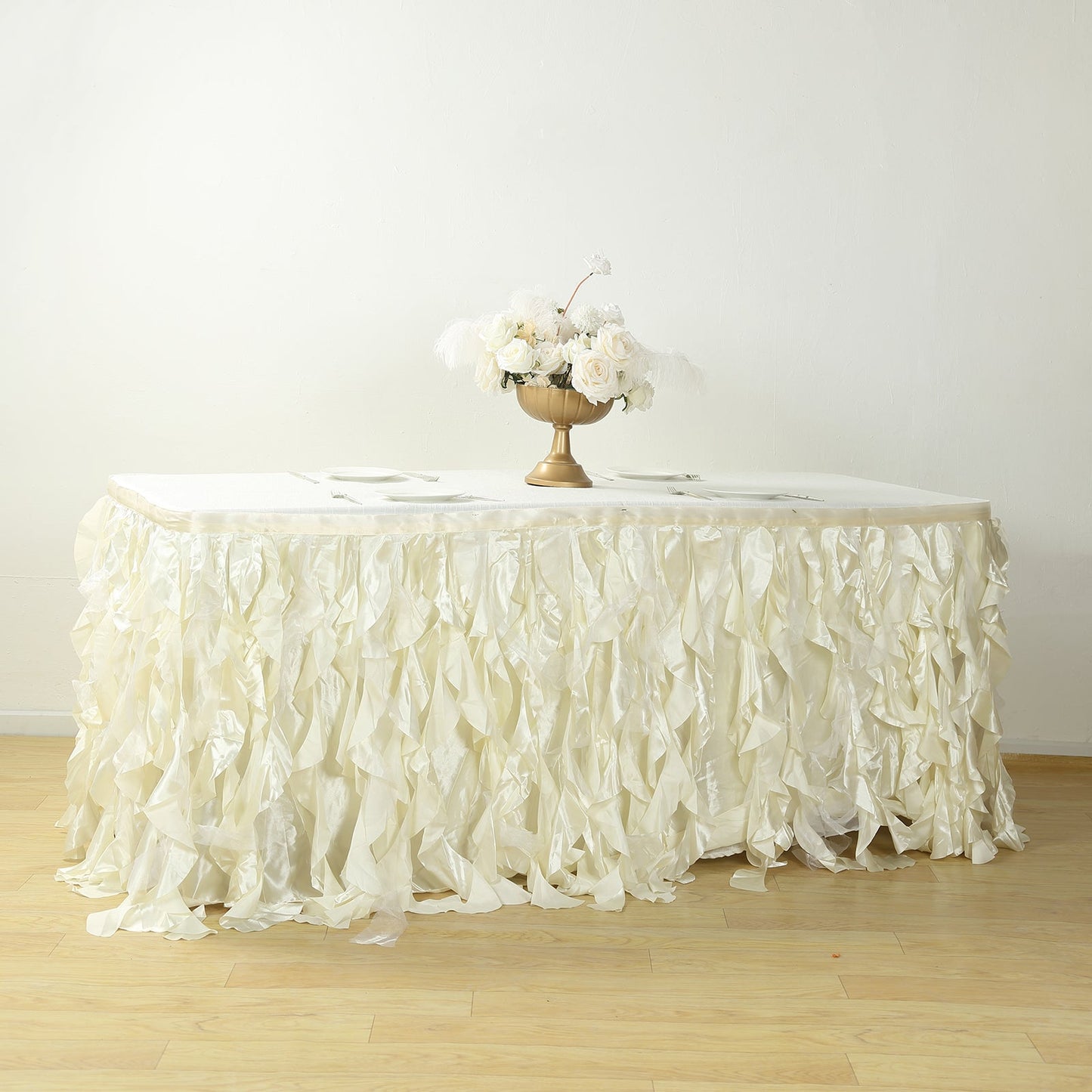 Taffeta 17ft Table Skirt Ivory - Cascading Curly Willow Style Table Cover