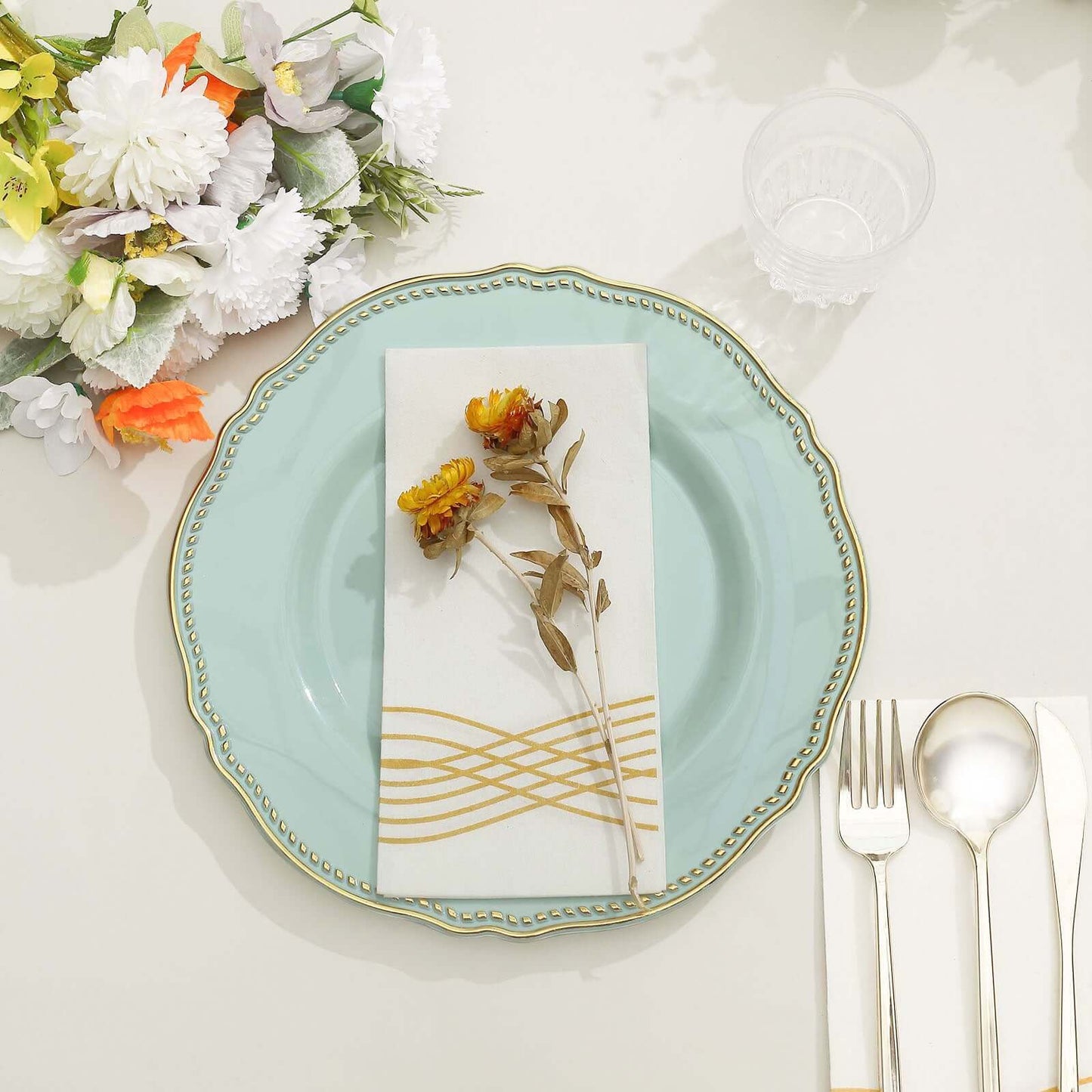 10-Pack Plastic 10" Dinner Plates in Jade with Gold Scalloped Rim - Disposable Large Party Plates