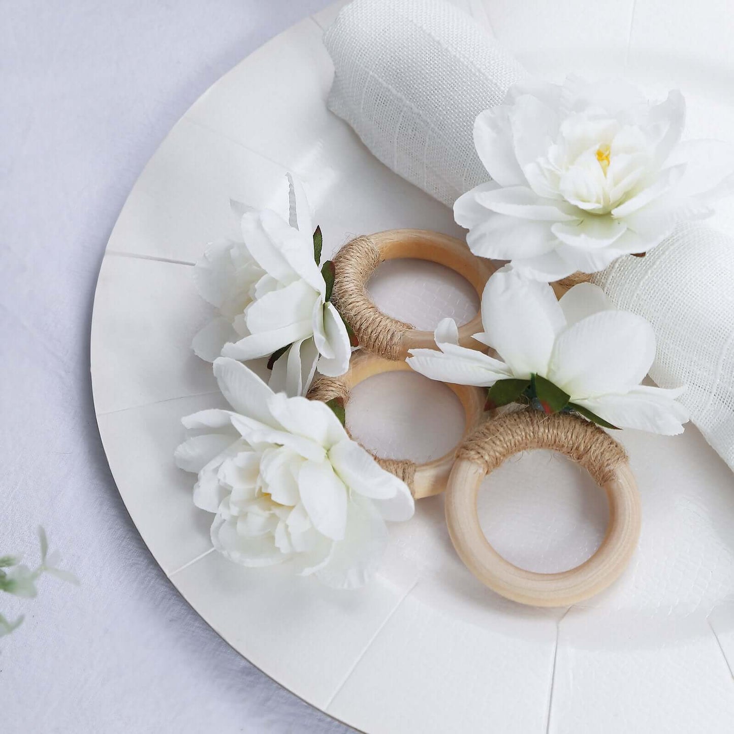 4 Pack White Silk Jasmine Flower Napkin Rings with Wooden Holder, Rustic Boho Serviette Buckles with Artificial Flowers