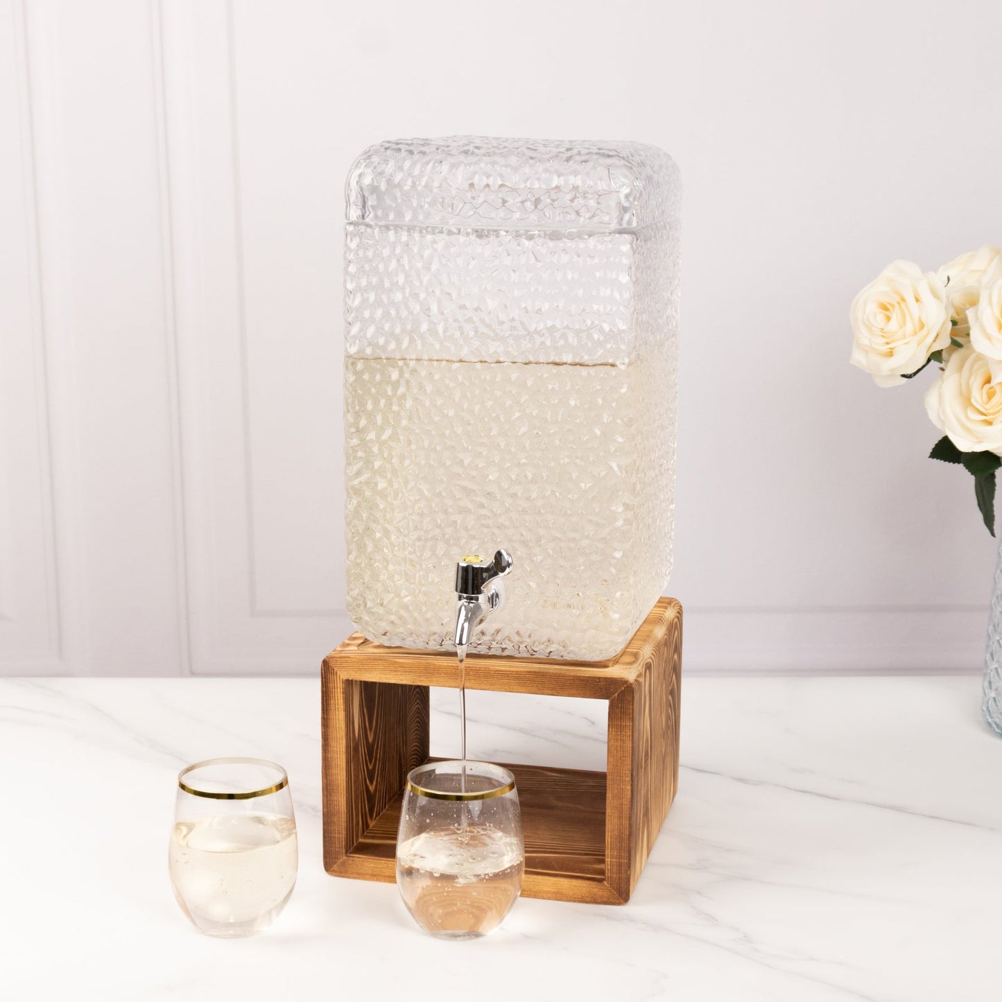 Gallon Clear Hammered Glass Beverage Dispenser, Rectangular Juice Jar with Wooden Stand and Lid - Lead-Free Countertop Feature 19"