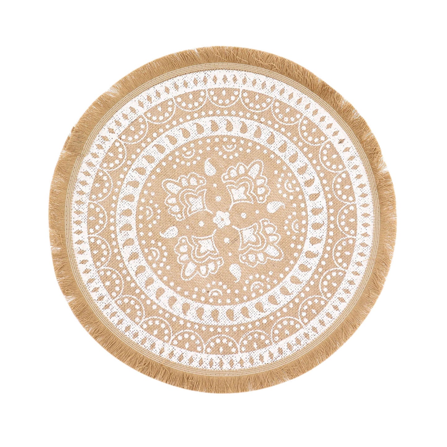 4-Pack Placemats Fringe Print Design Natural Jute and White Round - Rustic Burlap Woven Style 15"