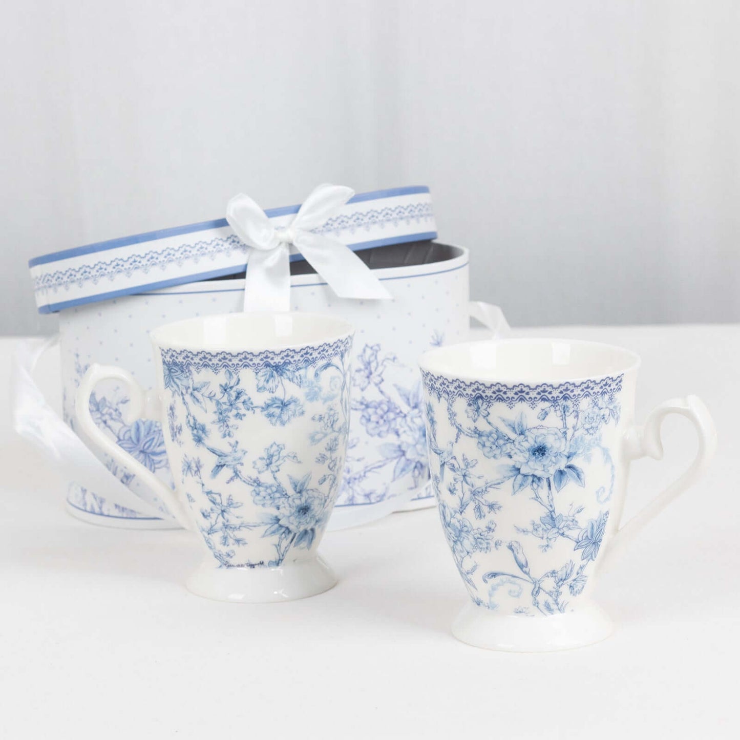 White Blue French Toile Bridal Shower Gift Set, 2 Pack Porcelain Tea Cups With Matching Keepsake Gift Box and Satin Ribbon Handle