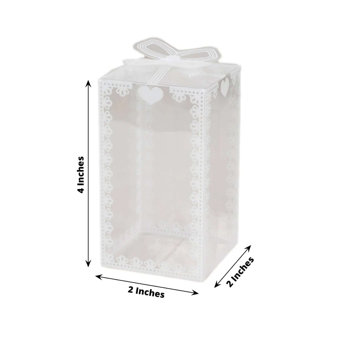 25 Pack Clear Rectangle Candy Gift Boxes With Bowknot and White Lace Pattern, 4" Transparent Plastic Party Favor Boxes - 2"x2"x4"