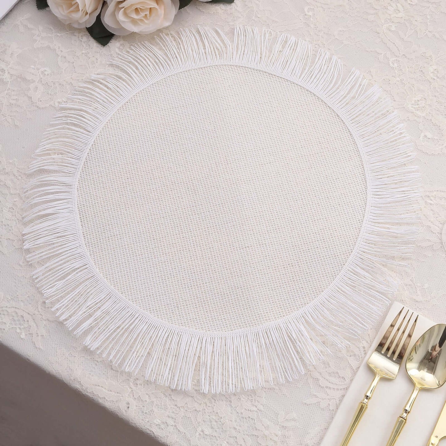 4-Pack Placemats Fringe Edge Design White Jute Round - Rustic Boho Chic Burlap Table Decor 16"