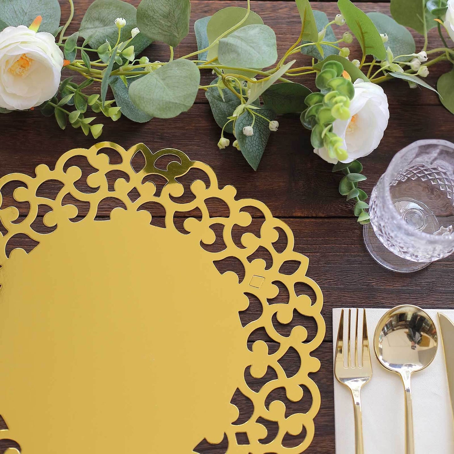 6-Pack Disposable Table Placemats in Metallic Gold with Laser Cut Floral Rim - 400GSM Cardboard Placemats for Glamorous Table Settings 13"