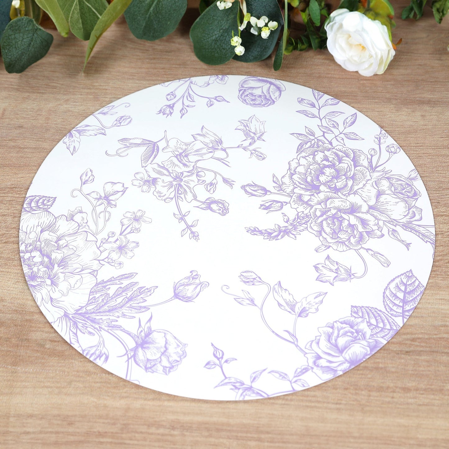 10-Pack Disposable Table Placemats in French Toile Print 13" in White/Matte Lavender - Chic Floral Cardboard Placemats for Stylish Table Setting