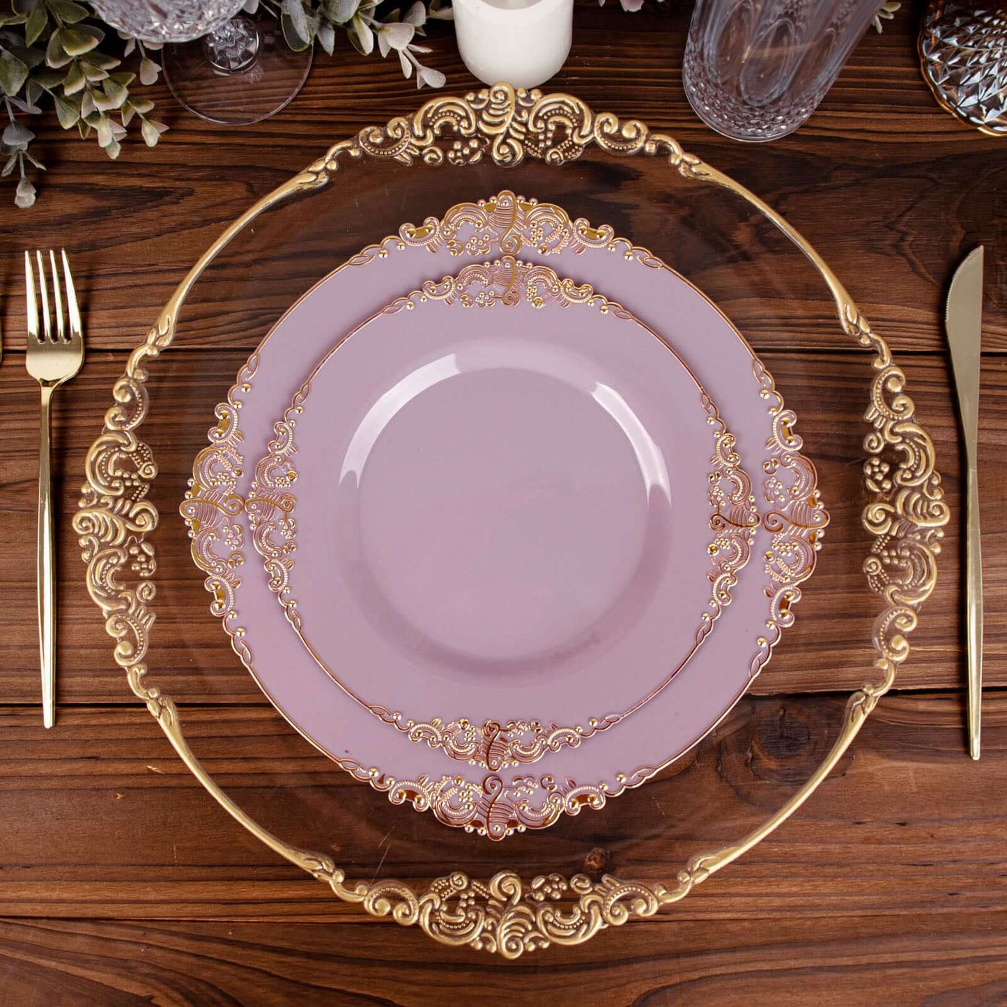 10-Pack Plastic 10" Round Dinner Plates in Lavender Lilac with Gold Leaf Embossed Rim - Disposable Vintage Baroque Style Plates