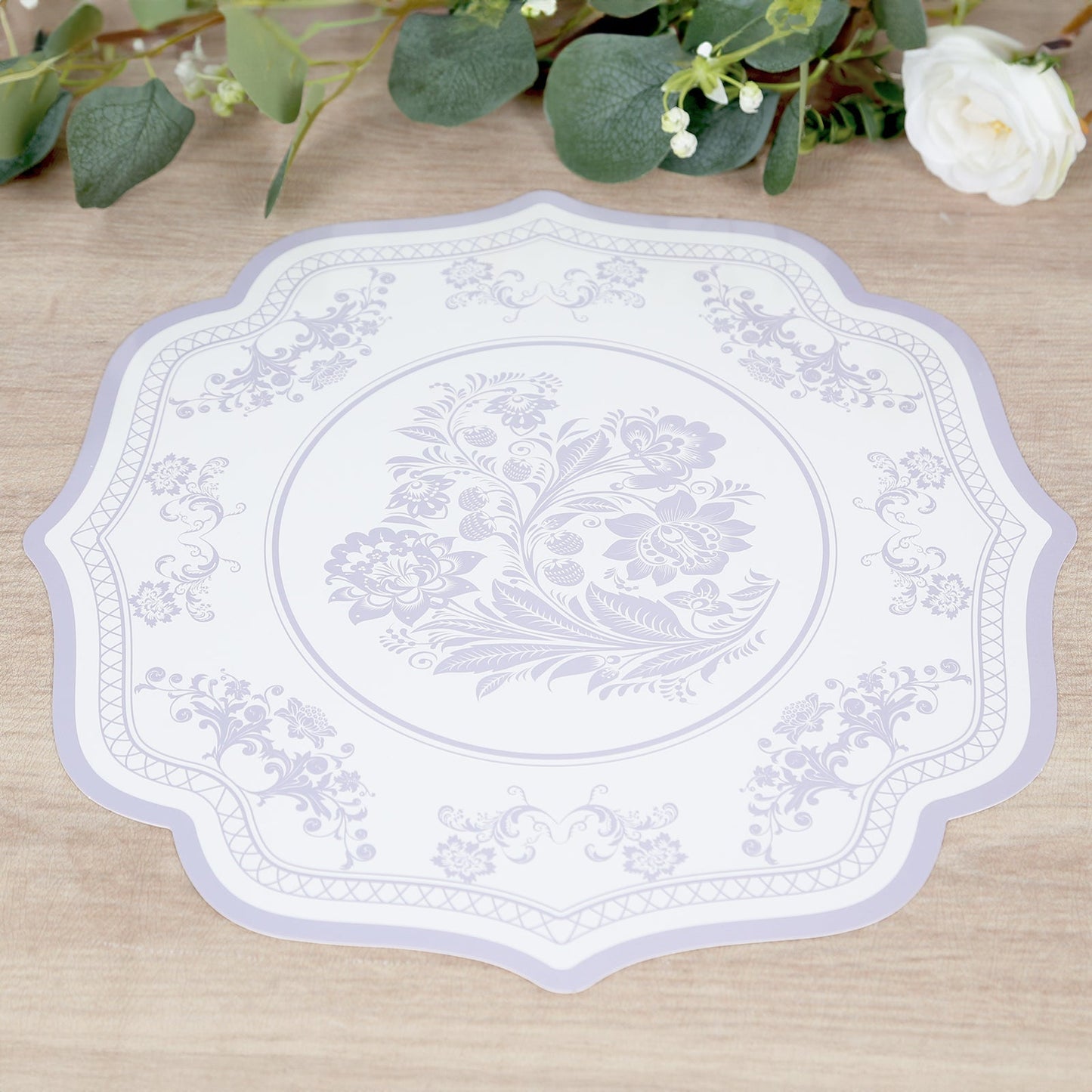 10-Pack Disposable Table Placemats 13" Round Placemats in White with Lavender Damask Floral Pattern & Scalloped Rim - 400GSM Cardboard Placemats for Stylish Table Setting