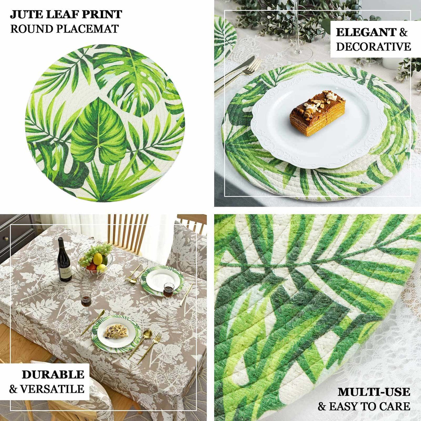 4-Pack Table Placemats Tropical Leaf Design Green Cotton Round - Woven Indoor/Outdoor Dining Mats 15"
